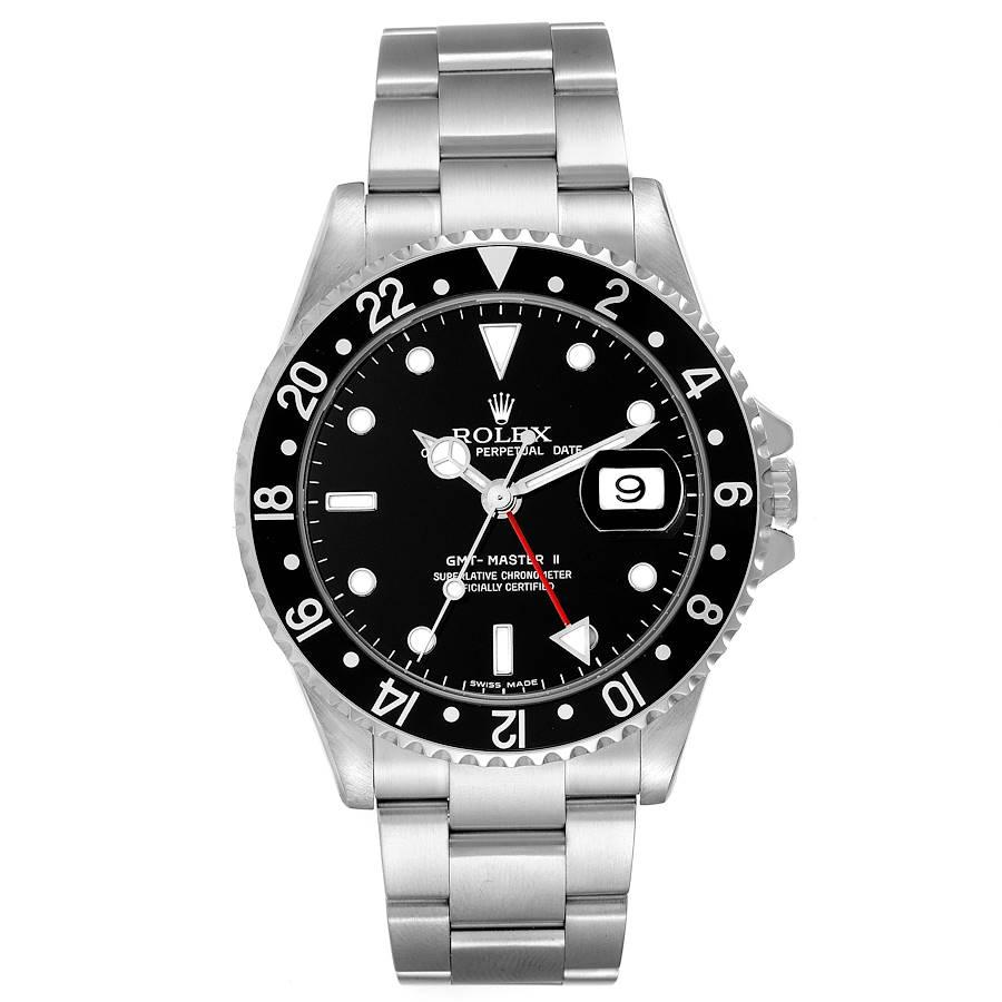 Rolex GMT Master II Black Bezel Error Dial Steel Mens Watch 16710 Box Papers. Officially certified chronometer self-winding movement. Stainless steel case 40 mm in diameter. Rolex logo on a crown. Black 