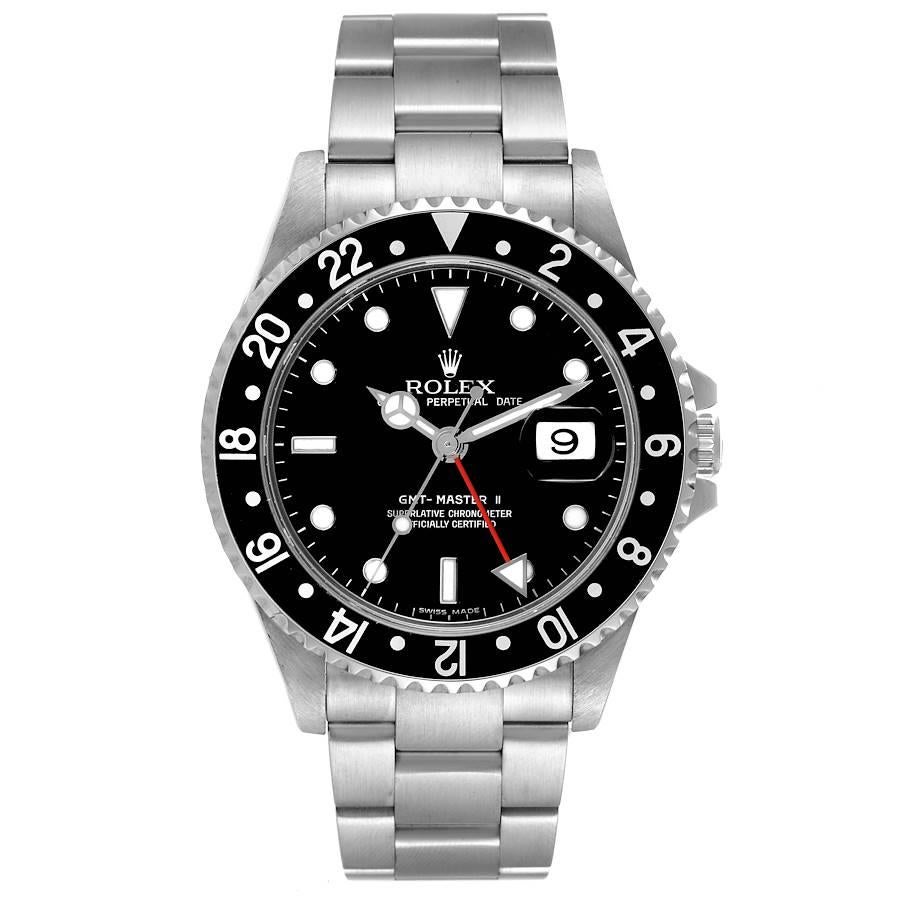 Rolex GMT Master II Black Bezel Error Dial Steel Mens Watch 16710. Officially certified chronometer self-winding movement. Stainless steel case 40 mm in diameter. Rolex logo on a crown. Bidirectional rotating bezel with a special 24-hour black bezel