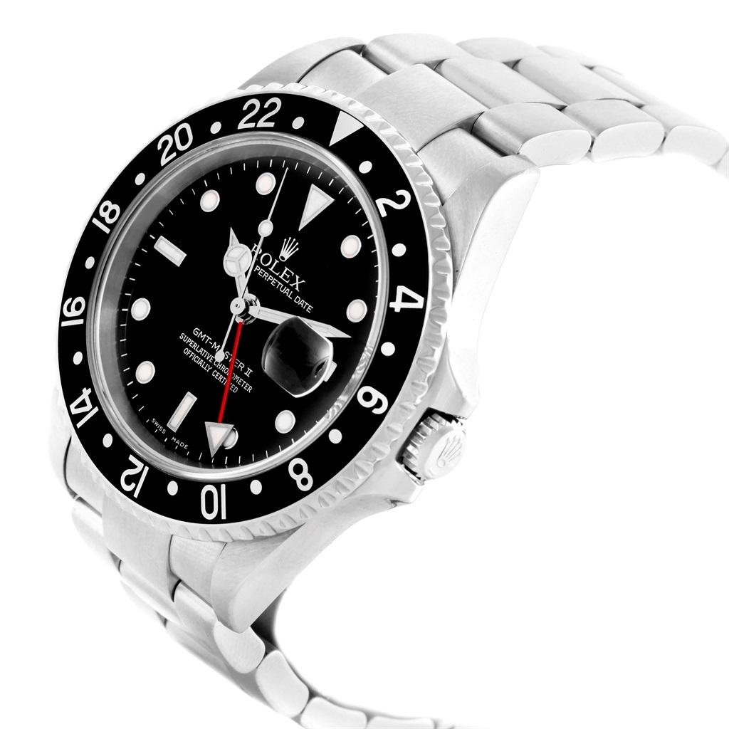 Rolex GMT Master II Black Bezel Red Hand Mens Watch 16710 Box. Officially certified chronometer self-winding movement. . Stainless steel case 40 mm in diameter. Rolex logo on a crown. Bidirectional rotating bezel with a special 24-hour black bezel