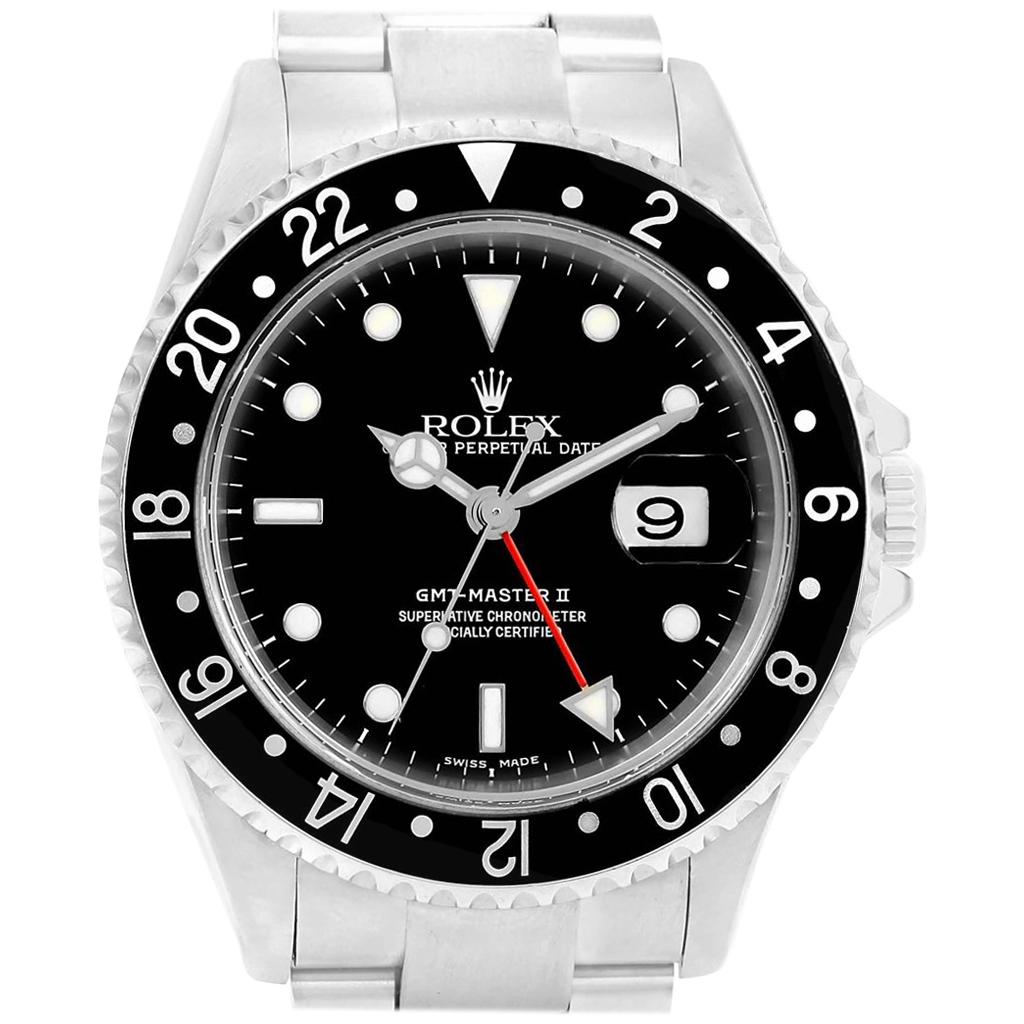 Rolex GMT Master II Black Bezel Red Hand Men's Watch 16710 Box For Sale