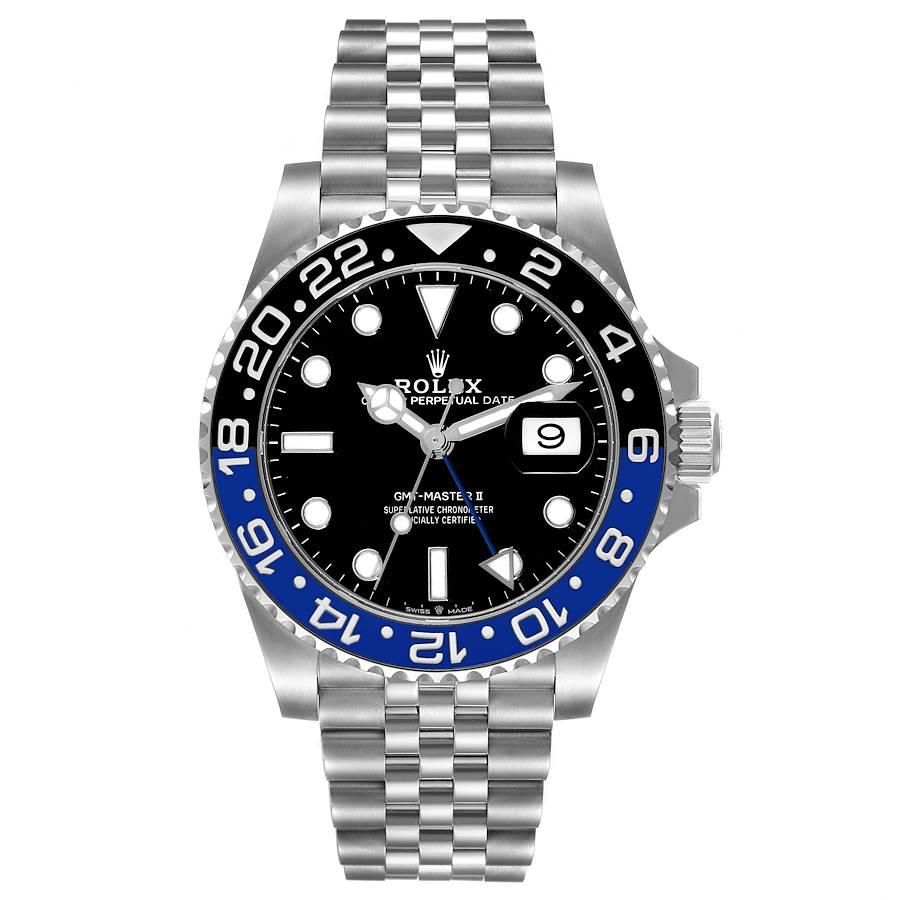 Rolex GMT Master II Black Blue Batgirl Jubilee Mens Watch 126710 BLNR Box Card. Officially certified chronometer automatic self-winding movement. Stainless steel case 40 mm in diameter. Rolex logo on the crown. Stainless steel bi-directional