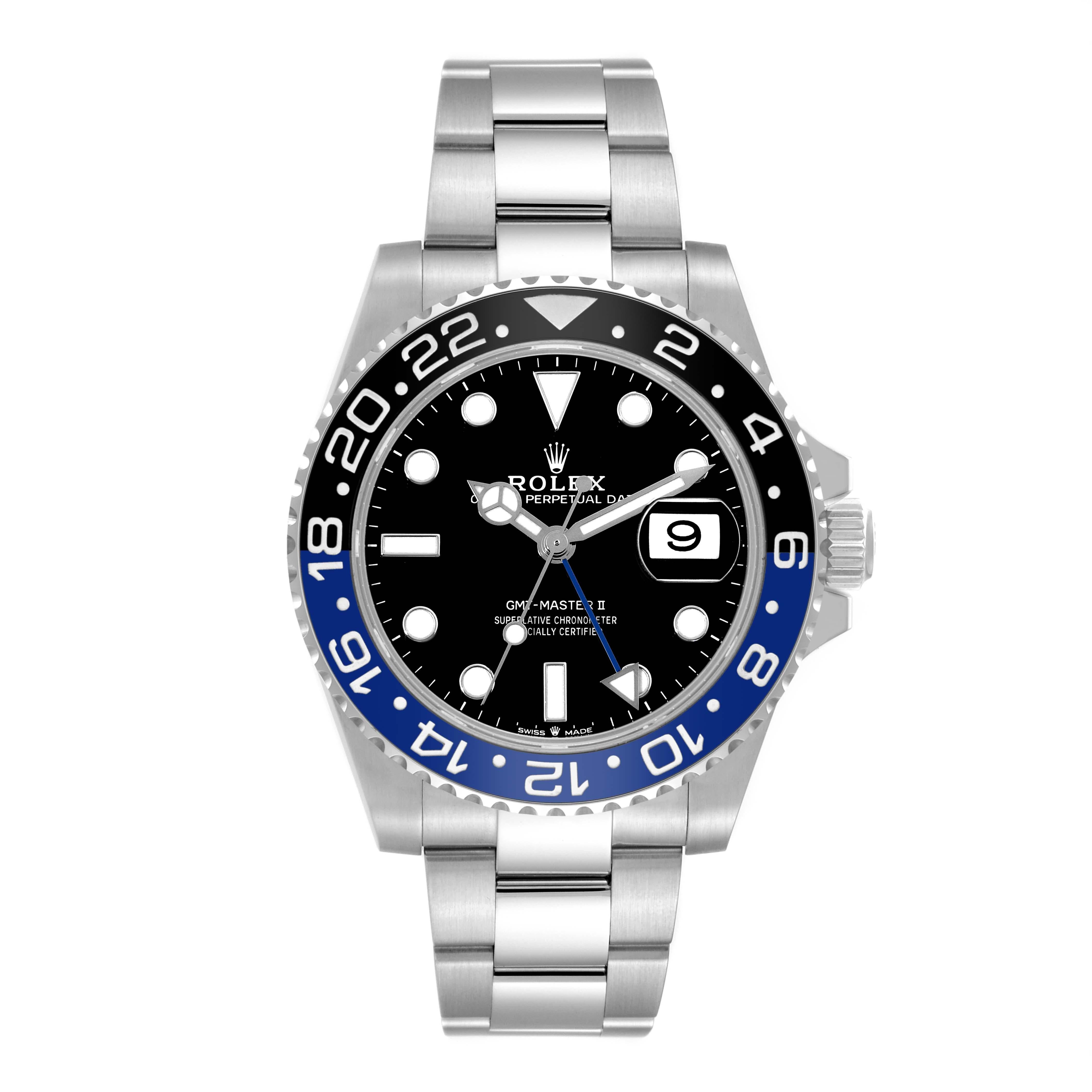 Rolex GMT Master II Black Blue Batman Bezel Steel Mens Watch 126710 Box Card. Officially certified chronometer automatic self-winding movement. Stainless steel case 40 mm in diameter. Rolex logo on the crown. Stainless steel bi-directional rotating