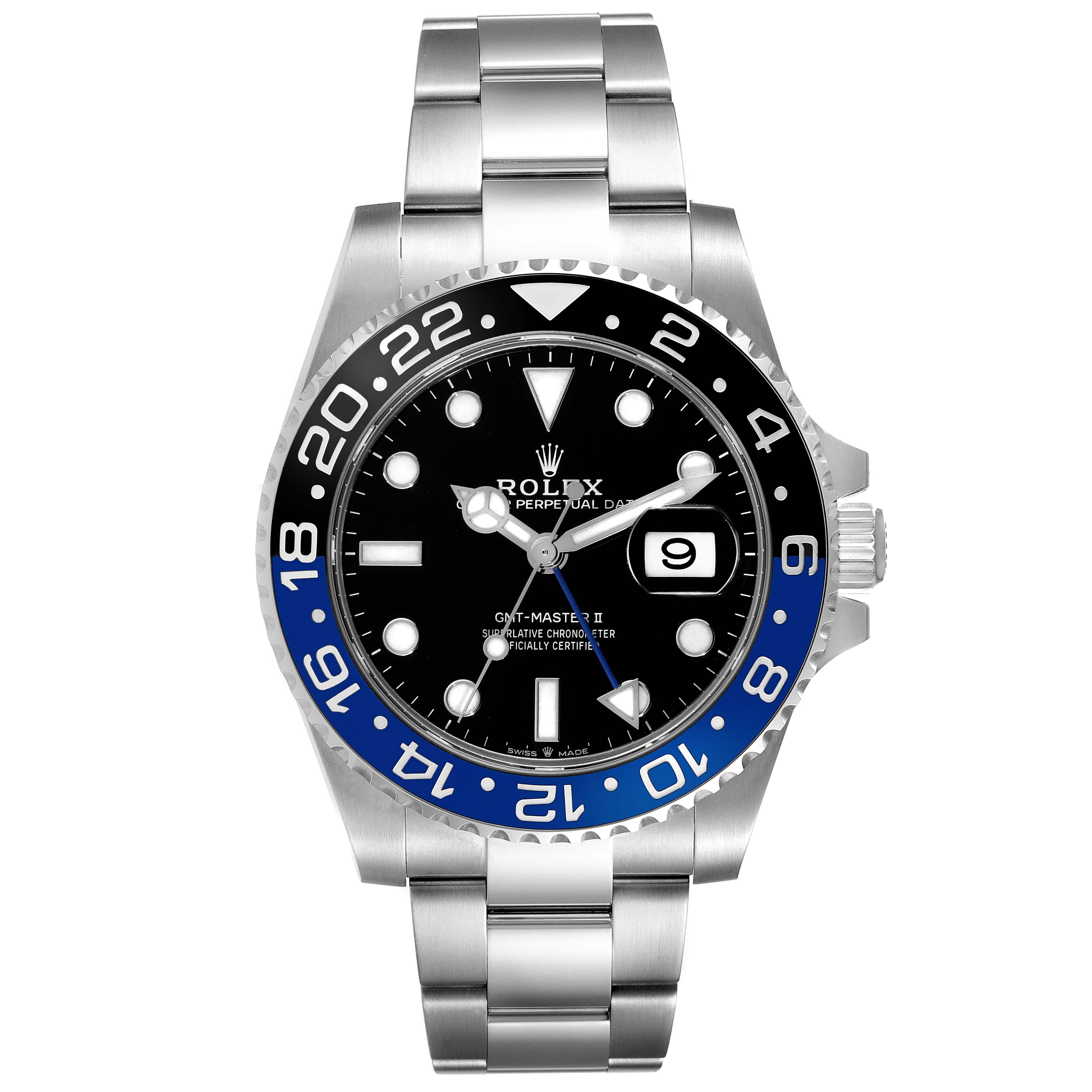 Rolex GMT Master II Black Blue Batman Bezel Steel Mens Watch 126710 Box Card. Officially certified chronometer automatic self-winding movement. Stainless steel case 40 mm in diameter. Rolex logo on the crown. Stainless steel bi-directional rotating