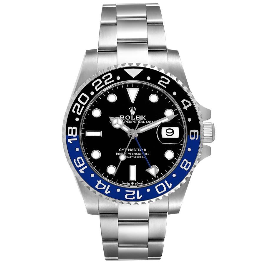 Rolex GMT Master II Negro Azul Batman Bisel Acero Reloj para hombre 126710 Sin usar. Movimiento automático con certificado oficial de cronómetro. Caja de acero inoxidable de 40 mm de diámetro. Logotipo Rolex en la corona. Bisel giratorio