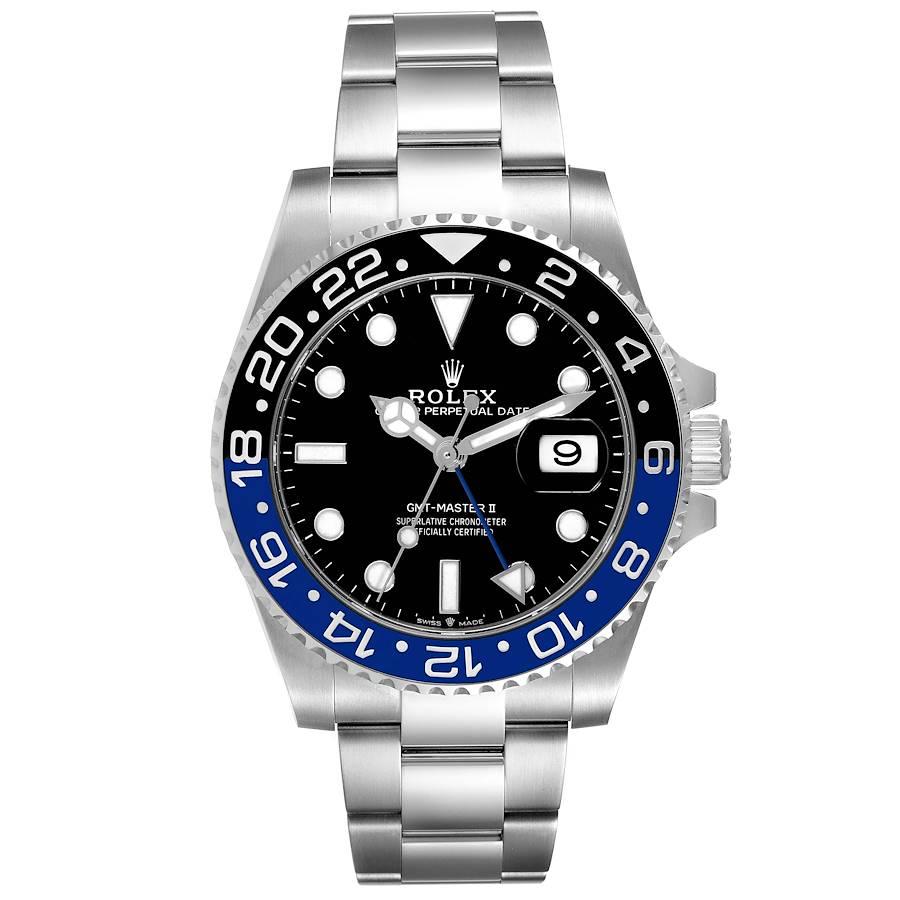 Rolex GMT Master II Black Blue Batman Bezel Steel Mens Watch 126710 Unworn. Officially certified chronometer automatic self-winding movement. Stainless steel case 40 mm in diameter. Rolex logo on the crown. Stainless steel bi-directional rotating