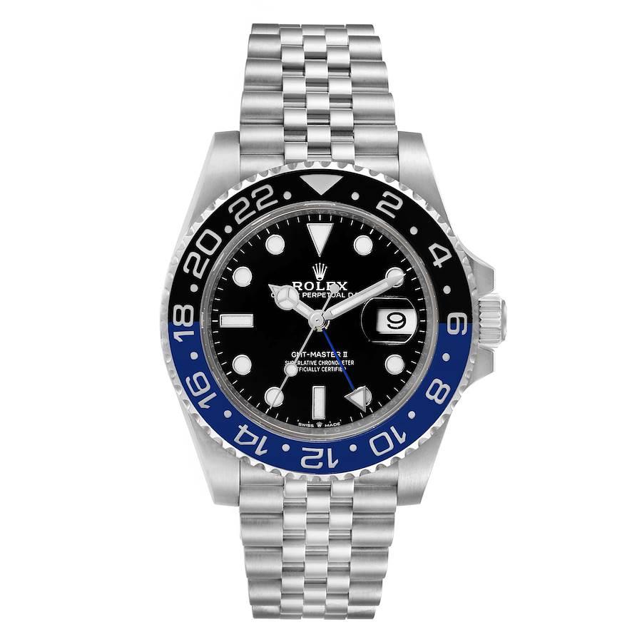 Rolex GMT Master II Black Blue Batman Jubilee Mens Watch 126710 Box Card. Officially certified chronometer self-winding movement. Stainless steel case 40 mm in diameter. Rolex logo on a crown. Stainless steel bidirectional rotating 24-hour graduated