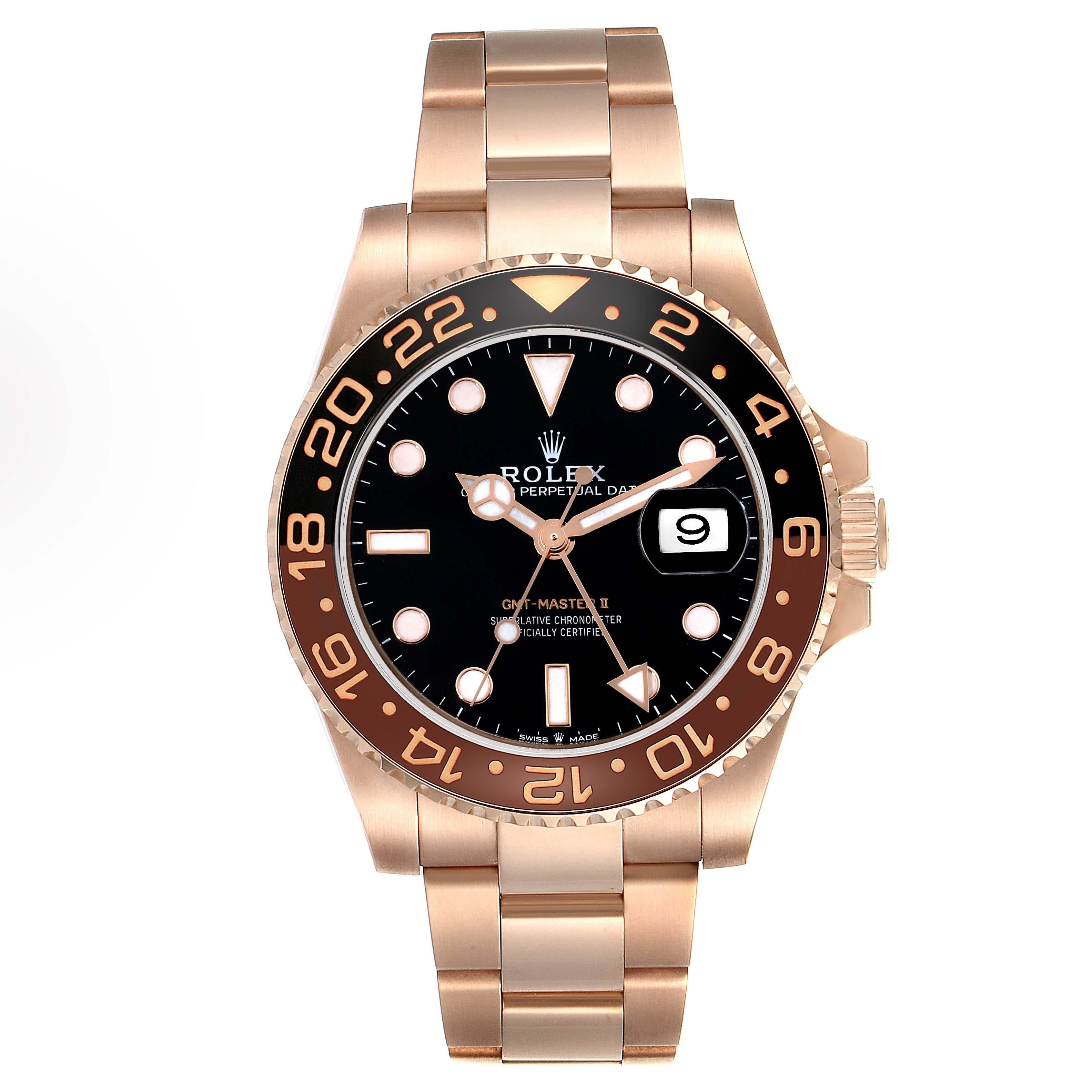 Rolex GMT Master II Black Brown Root Beer Rose Gold Mens Watch 126715 Box Card. Officially certified chronometer automatic self-winding movement. 18K Everose gold case 40.0 mm in diameter. Rolex logo on the crown. 18K Everose gold bidirectional