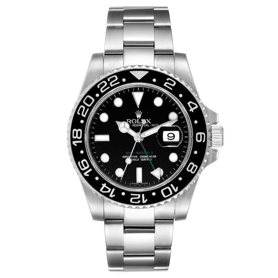 Rolex GMT Master II Black Dial Bezel Steel Mens Watch 116710 Box Card. Officially certified chronometer self-winding movement. Stainless steel case 40.0 mm in diameter. Rolex logo on a crown. Stainless steel bidirectional rotating ceramic bezel.