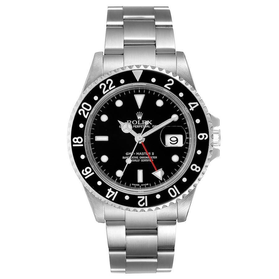 Rolex GMT Master II Black Dial Bezel Steel Mens Watch 16710. Officially certified chronometer self-winding movement. Stainless steel case 40 mm in diameter. Rolex logo on a crown. Bidirectional rotating bezel with a special 24-hour black bezel