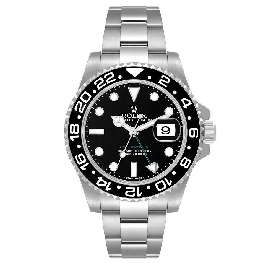 Rolex GMT Master II Black Dial Ceramic Bezel Steel Mens Watch 116710 Box Card. Officially certified chronometer automatic self-winding movement. Stainless steel case 40.0 mm in diameter. Rolex logo on the crown. Stainless steel bidirectional