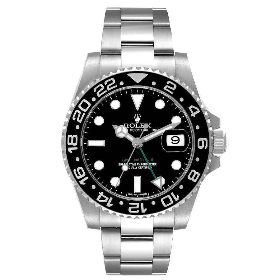 Rolex GMT Master II Black Dial Ceramic Bezel Steel Mens Watch 116710. Officially certified chronometer automatic self-winding movement. Stainless steel case 40.0 mm in diameter. Rolex logo on the crown. Stainless steel bidirectional rotating 24-hour