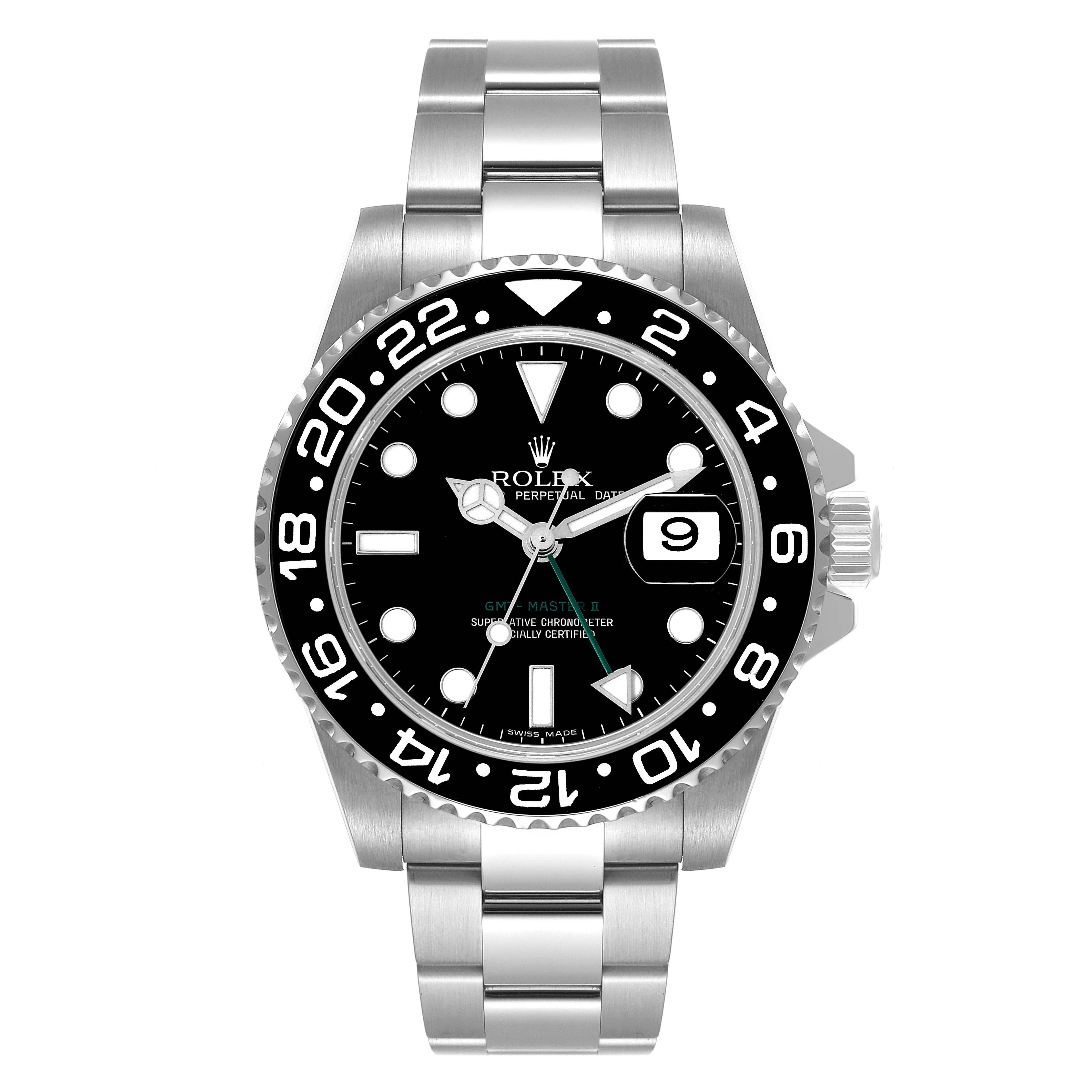 Rolex GMT Master II Black Dial Ceramic Bezel Steel Mens Watch 116710. Officially certified chronometer automatic self-winding movement. Stainless steel case 40.0 mm in diameter. Rolex logo on the crown. Stainless steel bidirectional rotating bezel