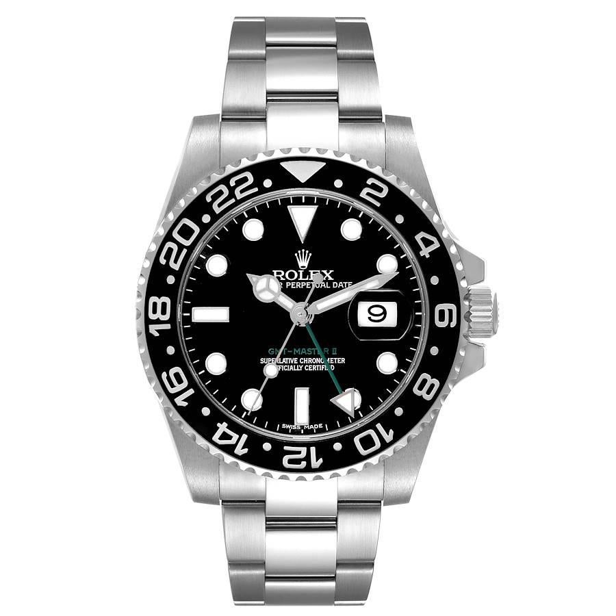 Rolex GMT Master II Black Dial Green Hand Steel Mens Watch 116710 Box Card. Officially certified chronometer automatic self-winding movement. Stainless steel case 40.0 mm in diameter. Rolex logo on the crown. Stainless steel bidirectional rotating