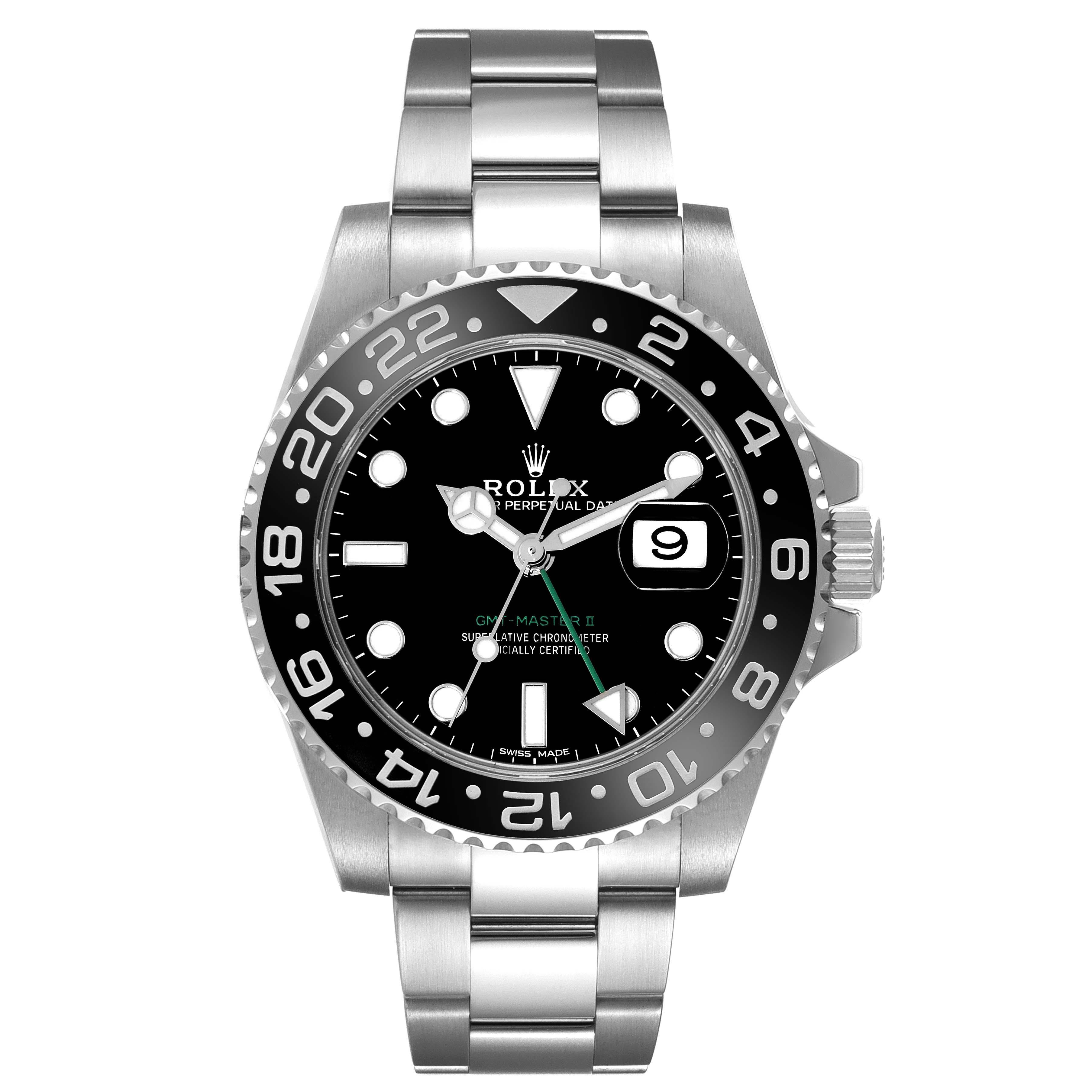 Rolex GMT Master II Black Dial Green Hand Steel Mens Watch 116710 Box Card. Officially certified chronometer automatic self-winding movement. Stainless steel case 40.0 mm in diameter. Rolex logo on the crown. Stainless steel bidirectional rotating