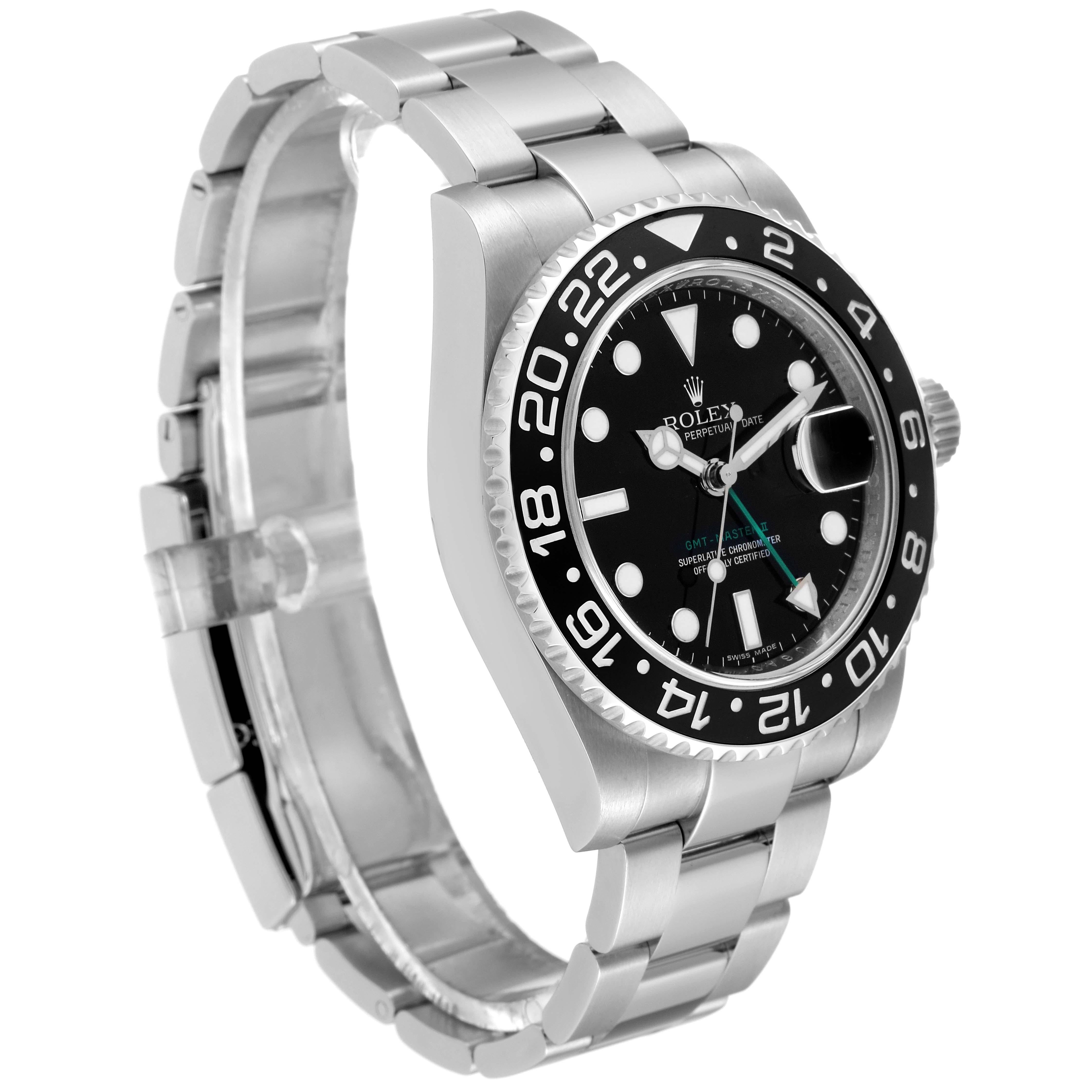 Rolex GMT Master II Black Dial Green Hand Steel Mens Watch 116710 Box Card In Excellent Condition For Sale In Atlanta, GA