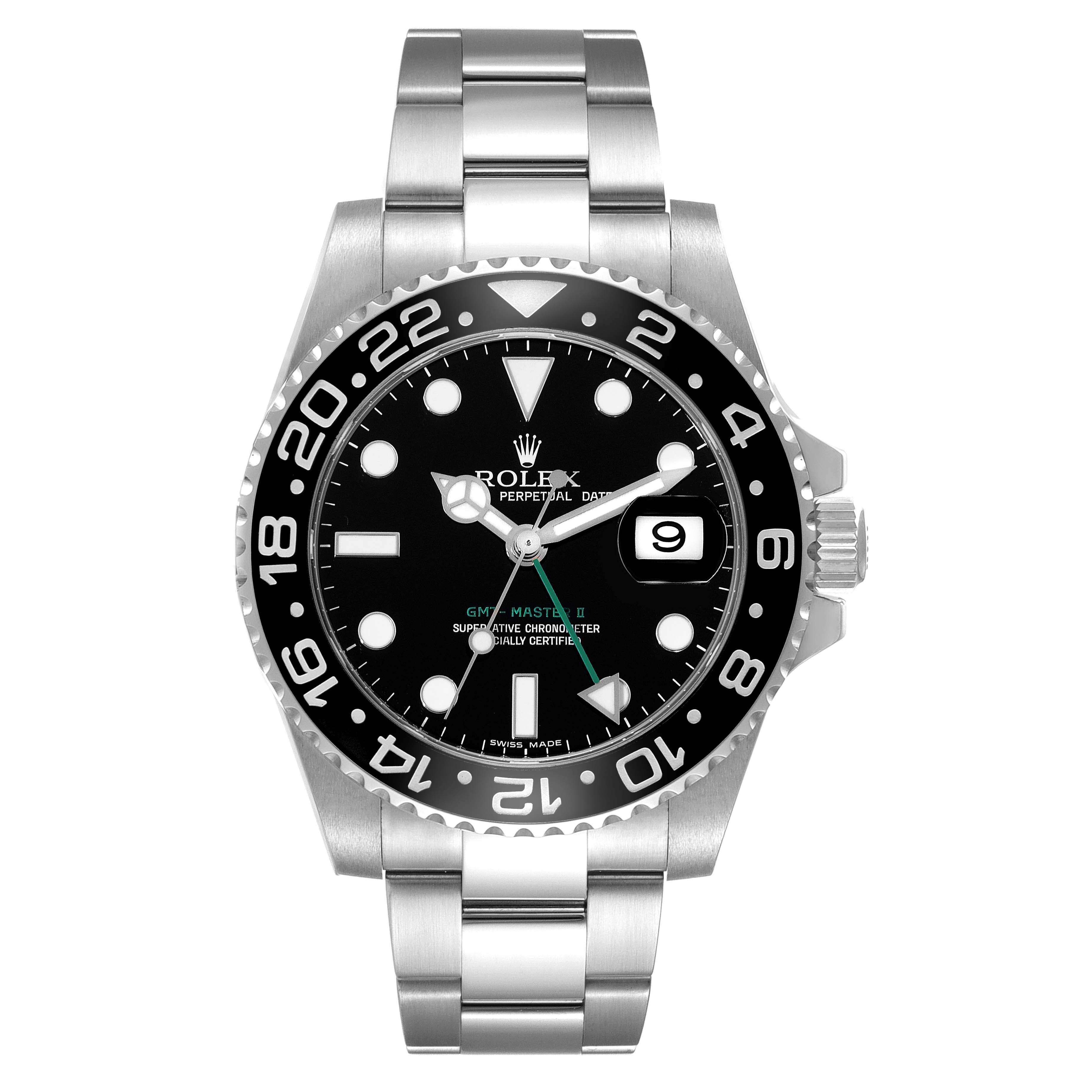 Rolex GMT Master II Black Dial Green Hand Steel Mens Watch 116710 Box Card In Excellent Condition In Atlanta, GA
