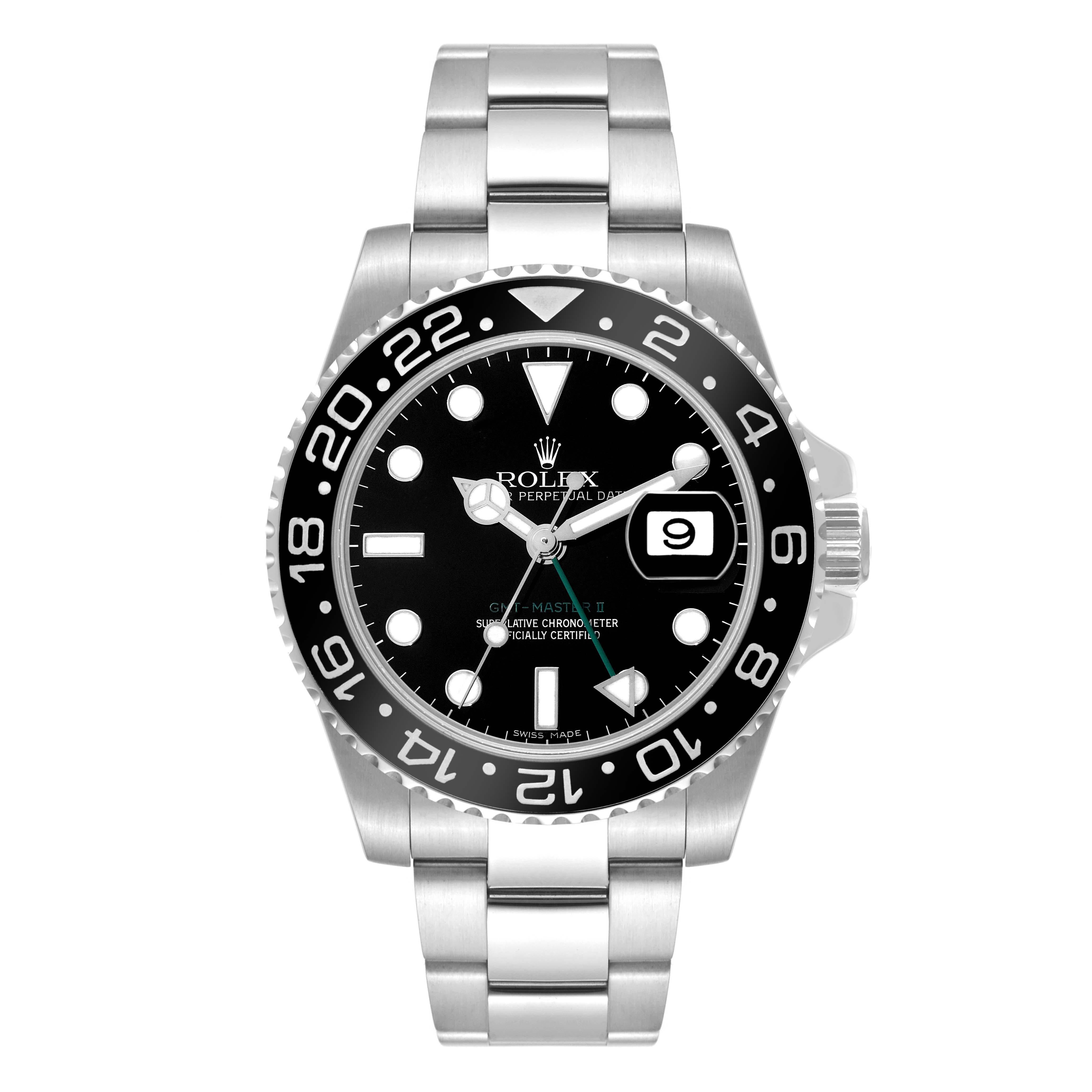 Rolex GMT Master II Black Dial Green Hand Steel Mens Watch 116710 Box Card For Sale 2