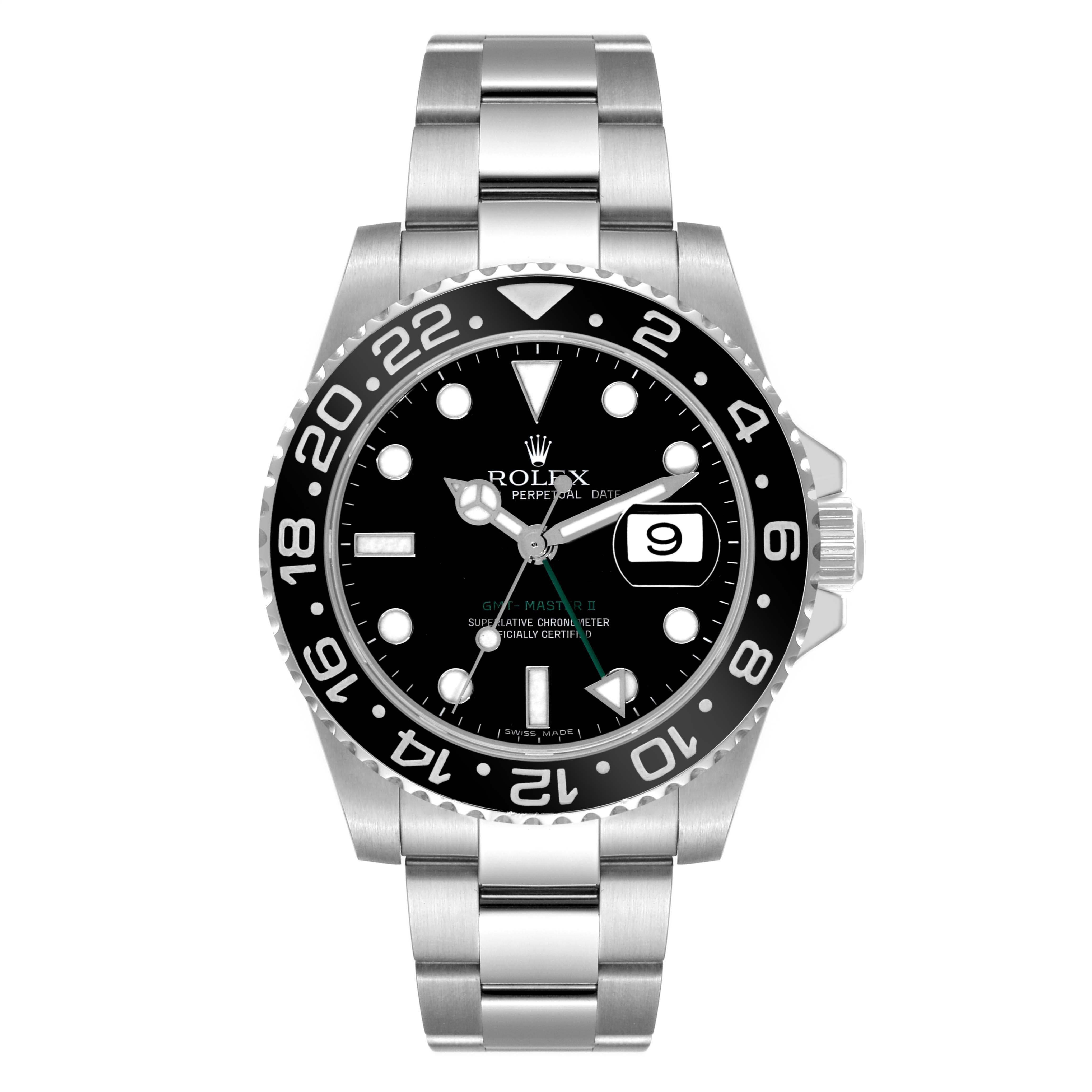 Rolex GMT Master II Black Dial Green Hand Steel Mens Watch 116710 Box Papers. Officially certified chronometer automatic self-winding movement. Stainless steel case 40.0 mm in diameter. Rolex logo on the crown. Stainless steel bidirectional rotating