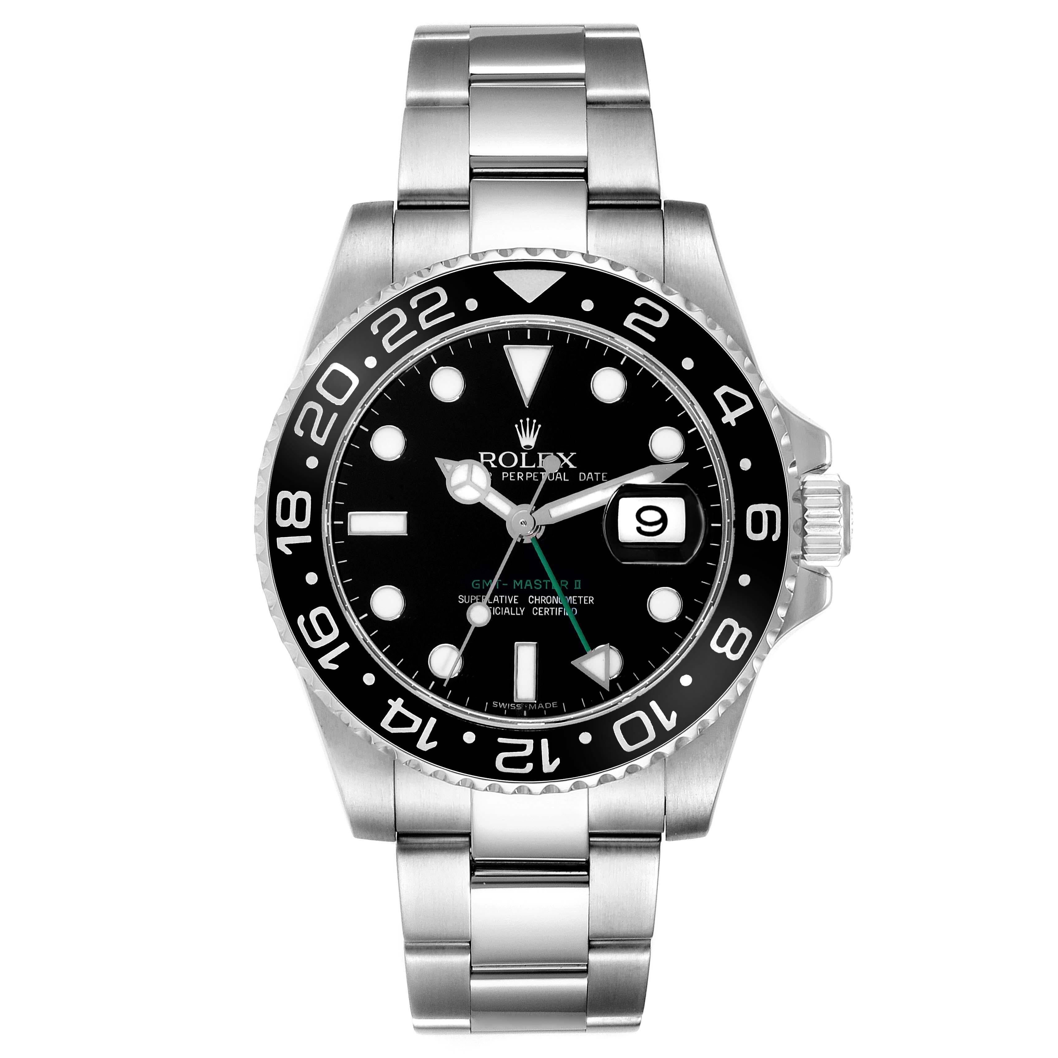 Rolex GMT Master II Black Dial Green Hand Steel Mens Watch 116710. Officially certified chronometer automatic self-winding movement. Stainless steel case 40.0 mm in diameter. Rolex logo on the crown. Stainless steel bidirectional rotating 24-hour