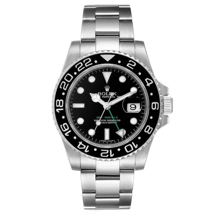 Rolex GMT Master II Black Dial Steel Mens Watch 116710 Box Card. Officially certified chronometer self-winding movement. Stainless steel case 40.0 mm in diameter. Rolex logo on a crown. Stainless steel bidirectional rotating ceramic bezel. Scratch