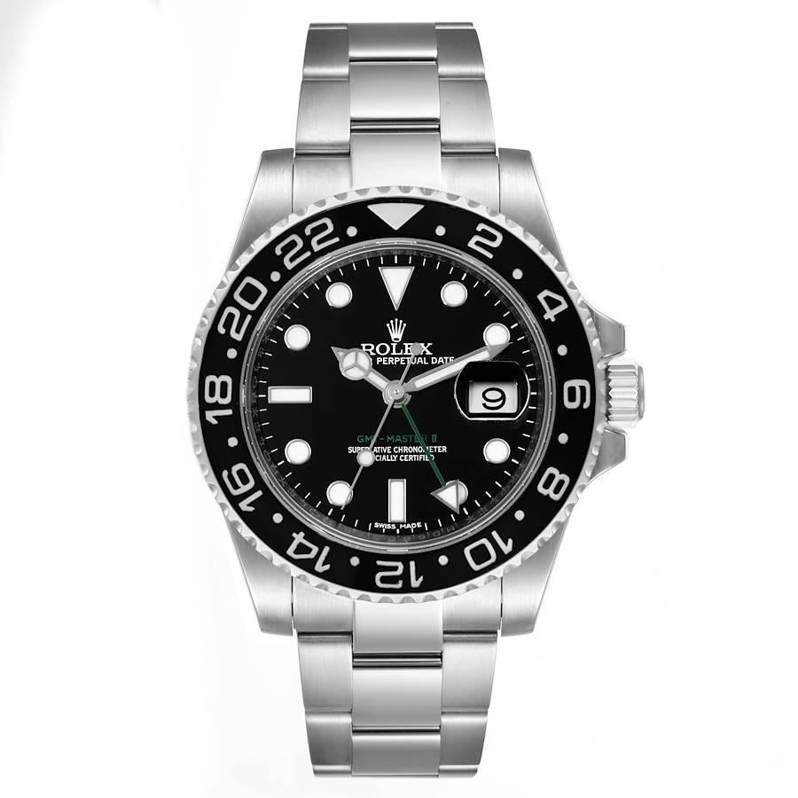 Rolex GMT Master II Black Dial Steel Mens Watch 116710 Box Card. Officially certified chronometer self-winding movement. Stainless steel case 40.0 mm in diameter. Rolex logo on a crown. Stainless steel bidirectional rotating ceramic bezel. Scratch
