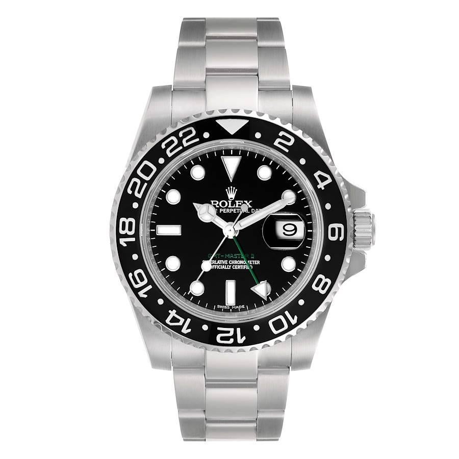 Rolex GMT Master II Black Dial Steel Mens Watch 116710 Box Papers. Officially certified chronometer self-winding movement. Stainless steel case 40.0 mm in diameter. Rolex logo on a crown. Stainless steel bidirectional rotating ceramic bezel. Scratch