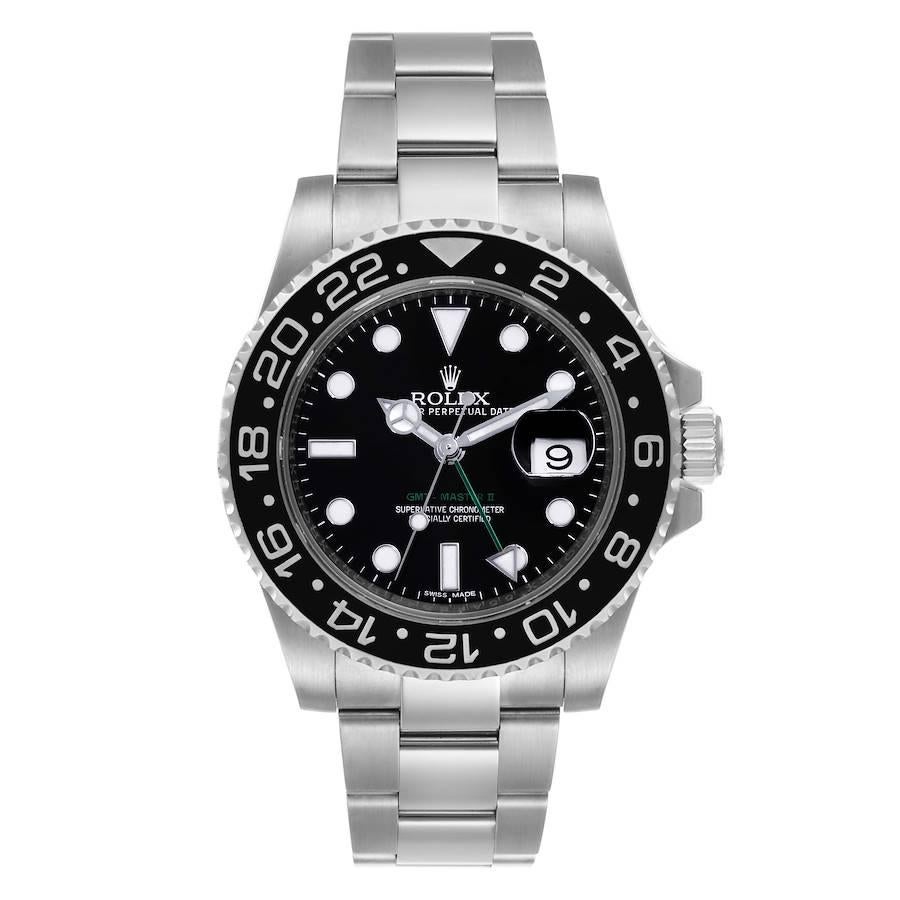 Rolex GMT Master II Black Dial Steel Mens Watch 116710 Box Papers. Officially certified chronometer self-winding movement. Stainless steel case 40.0 mm in diameter. Rolex logo on a crown. Stainless steel bidirectional rotating ceramic bezel. Scratch