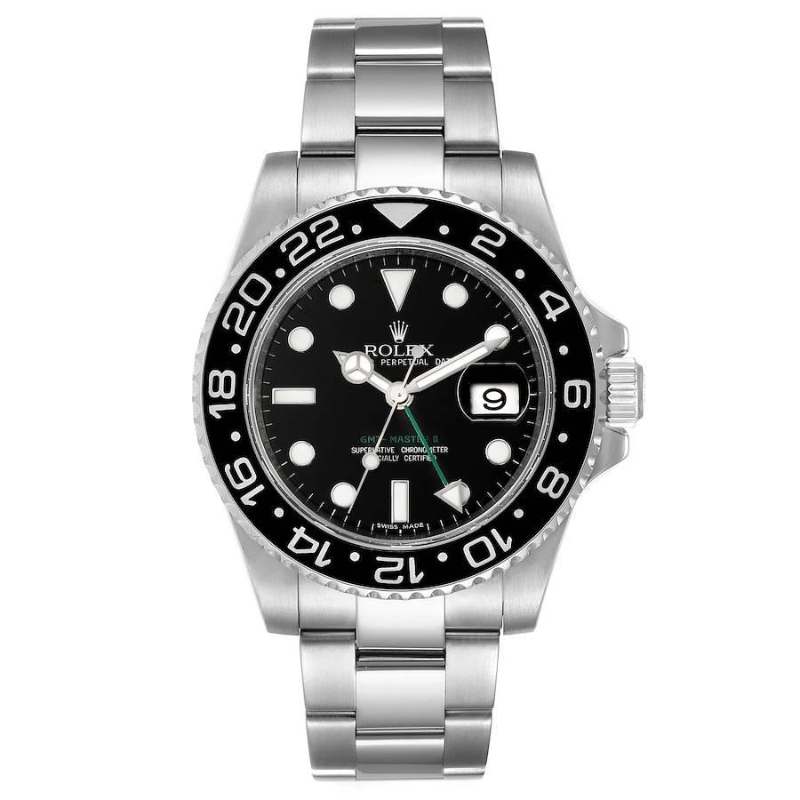 Rolex GMT Master II Black Dial Steel Mens Watch 116710. Officially certified chronometer self-winding movement. Stainless steel case 40.0 mm in diameter. Rolex logo on a crown. Stainless steel bidirectional rotating ceramic bezel. Scratch resistant