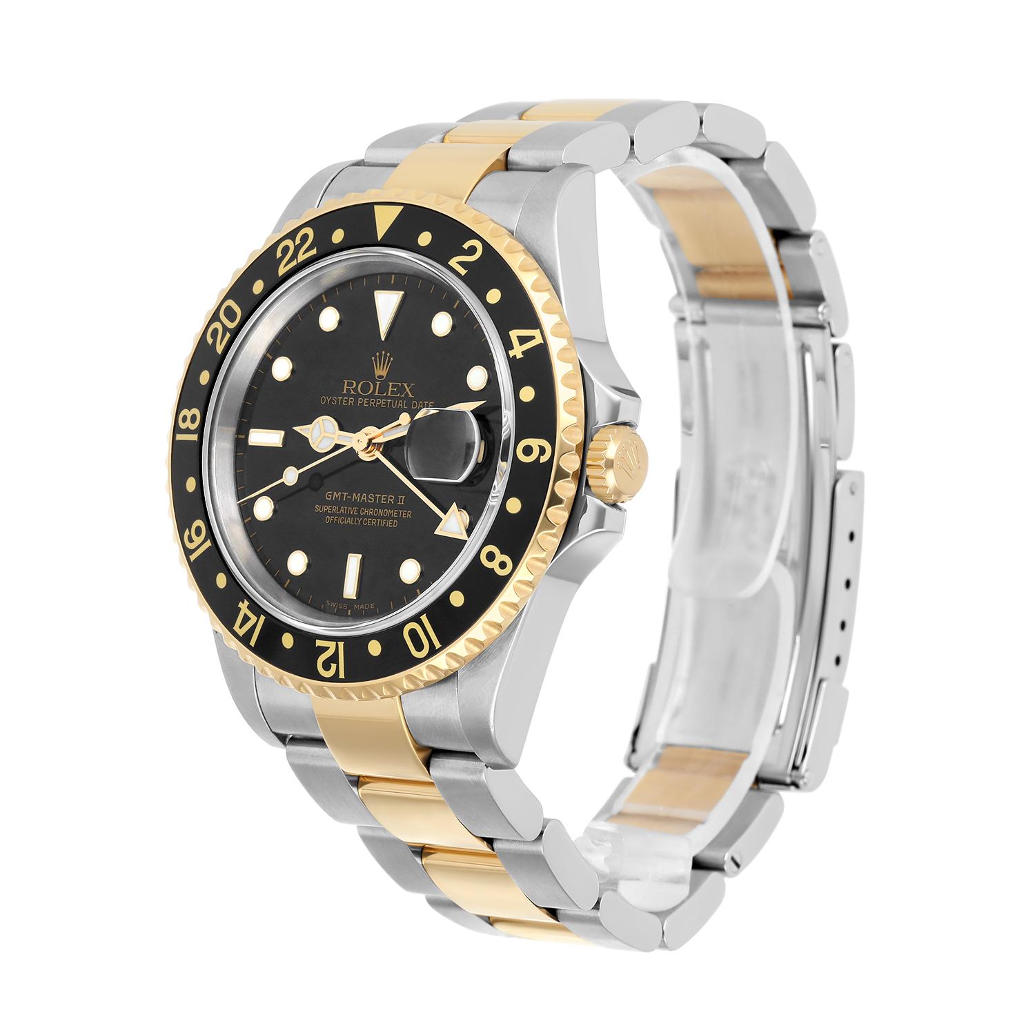 Modern Rolex GMT Master II Black Dial Yellow Gold Steel Mens Watch 16713 - 2008 For Sale