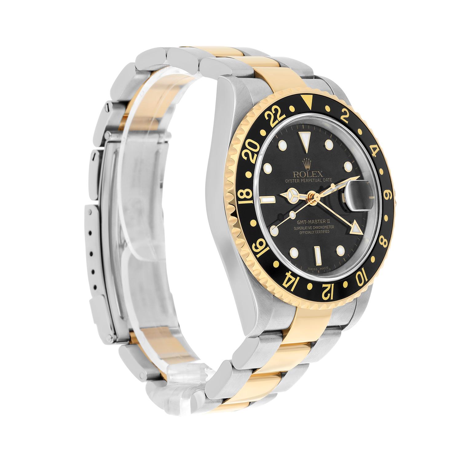 Rolex GMT Master II Black Dial Yellow Gold Steel Mens Watch 16713 - 2008 In Excellent Condition For Sale In New York, NY