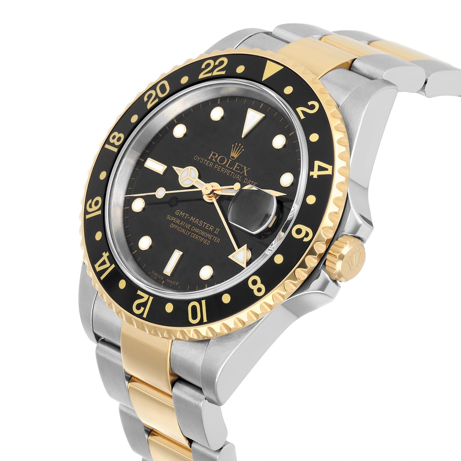 Men's Rolex GMT Master II Black Dial Yellow Gold Steel Mens Watch 16713 - 2008 For Sale