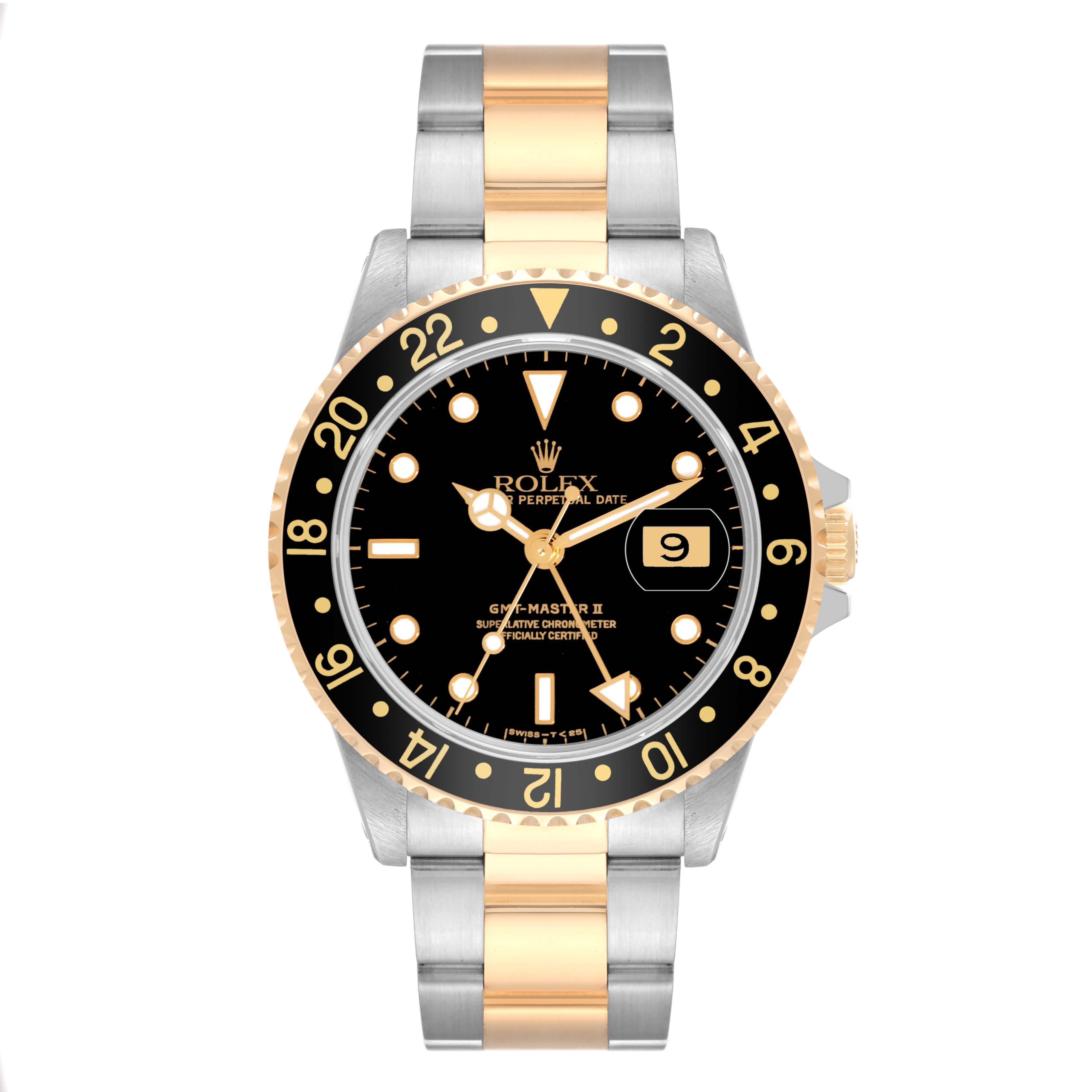 Rolex GMT Master II Black Dial Yellow Gold Steel Mens Watch 16713 For Sale 4