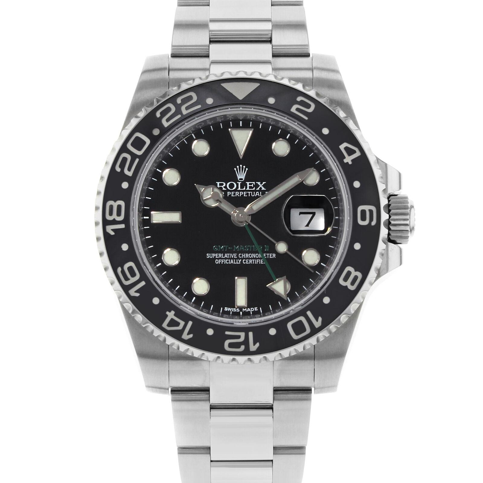This pre-owned Rolex GMT-Master II 116710LN is a beautiful men's timepiece that is powered by an automatic movement which is cased in a stainless steel case. It has a round shape face, date, dual time dial and has hand sticks & dots style markers.
