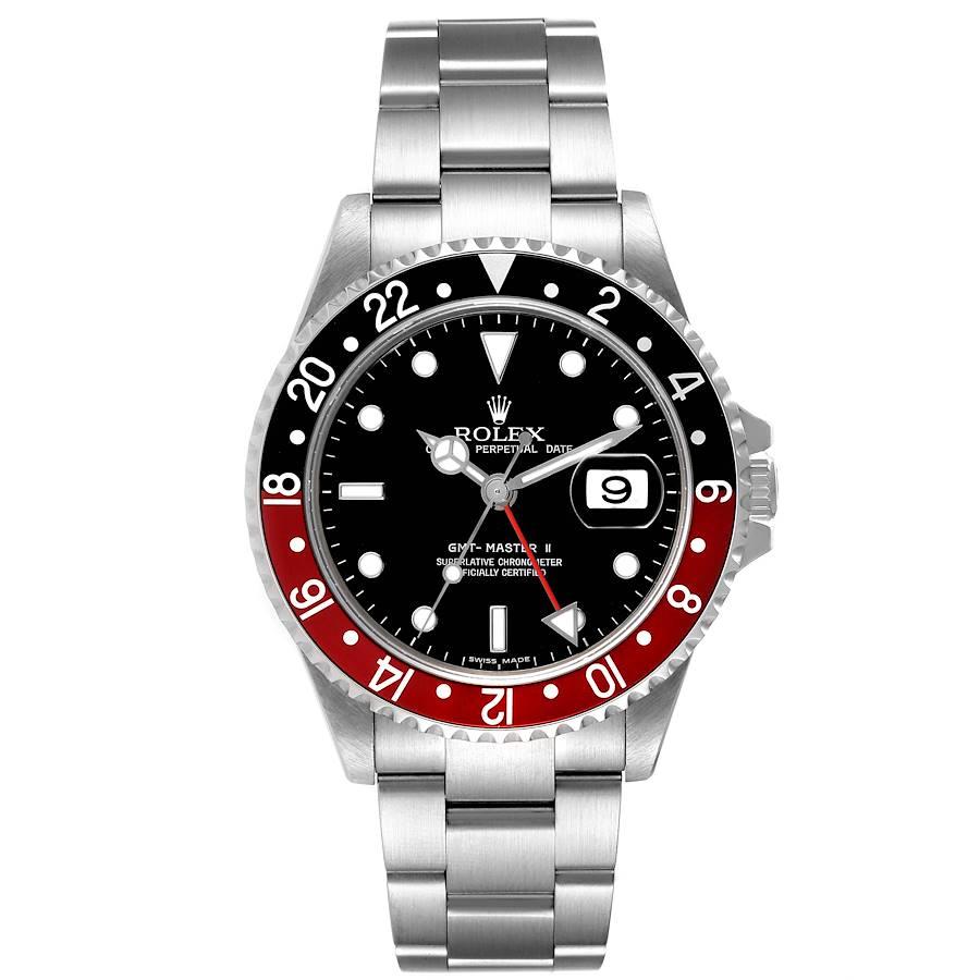 Rolex GMT Master II Black Red Coke Bezel Error Dial Steel Watch 16710 Box Papers. Officially certified chronometer automatic self-winding movement. Stainless steel case 40 mm in diameter. Rolex logo on the crown. Stainless steel bi-directional