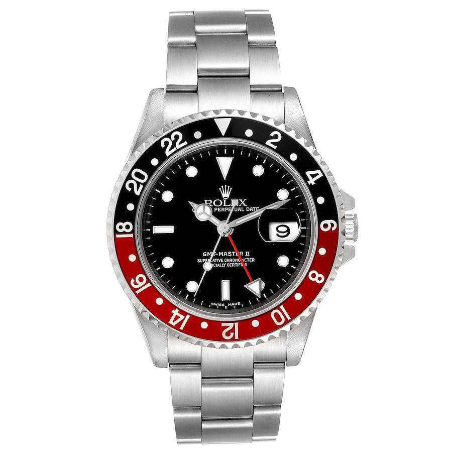 Rolex GMT Master II Black Red Coke Bezel Mens Watch 16710 Box. Officially certified chronometer self-winding movement. Stainless steel case 40 mm in diameter. Rolex logo on a crown. Bidirectional rotating bezel with a special 24-hour black and red