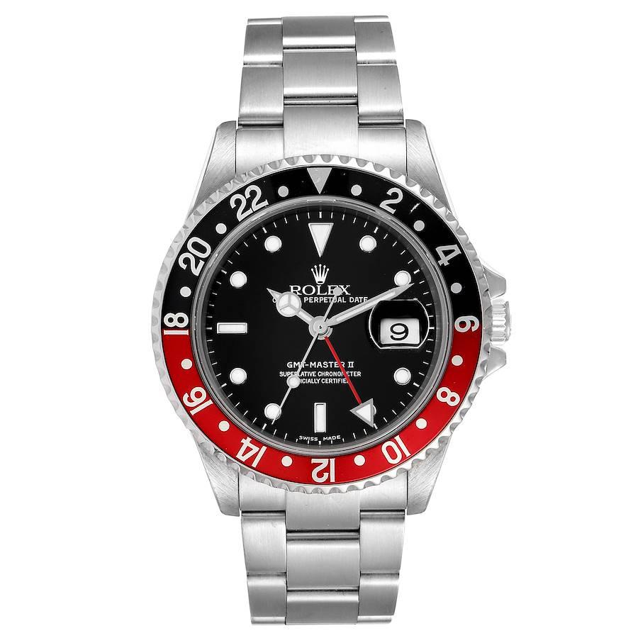 Rolex GMT Master II Black Red Coke Bezel Mens Watch 16710. Officially certified chronometer self-winding movement. Stainless steel case 40 mm in diameter. Rolex logo on a crown. Bidirectional rotating bezel with a special 24-hour black and red coke