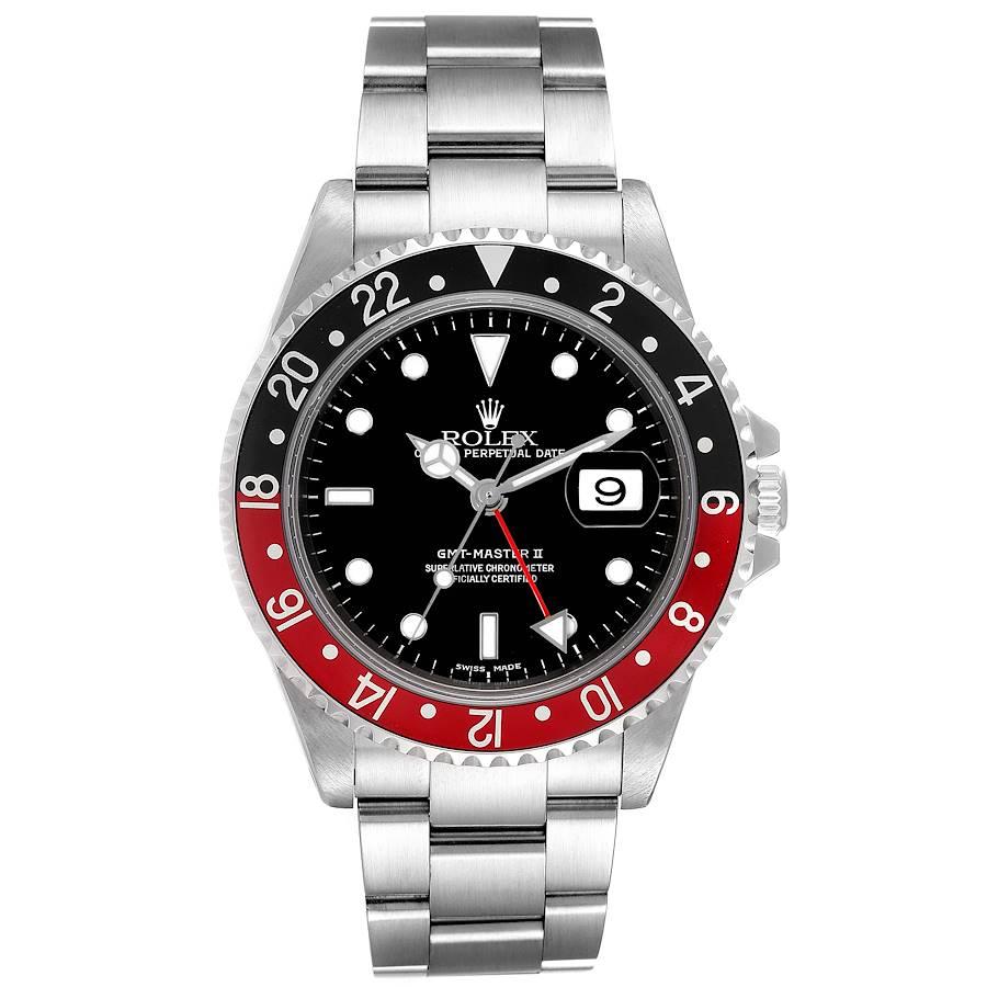 Rolex GMT Master II Black Red Coke Lünette Stahl Herrenuhr 16710 Box Papiere. Offiziell zertifiziertes Chronometerwerk mit automatischem Aufzug. Gehäuse aus rostfreiem Stahl mit einem Durchmesser von 40 mm. Rolex-Logo auf einer Krone. Beidseitig