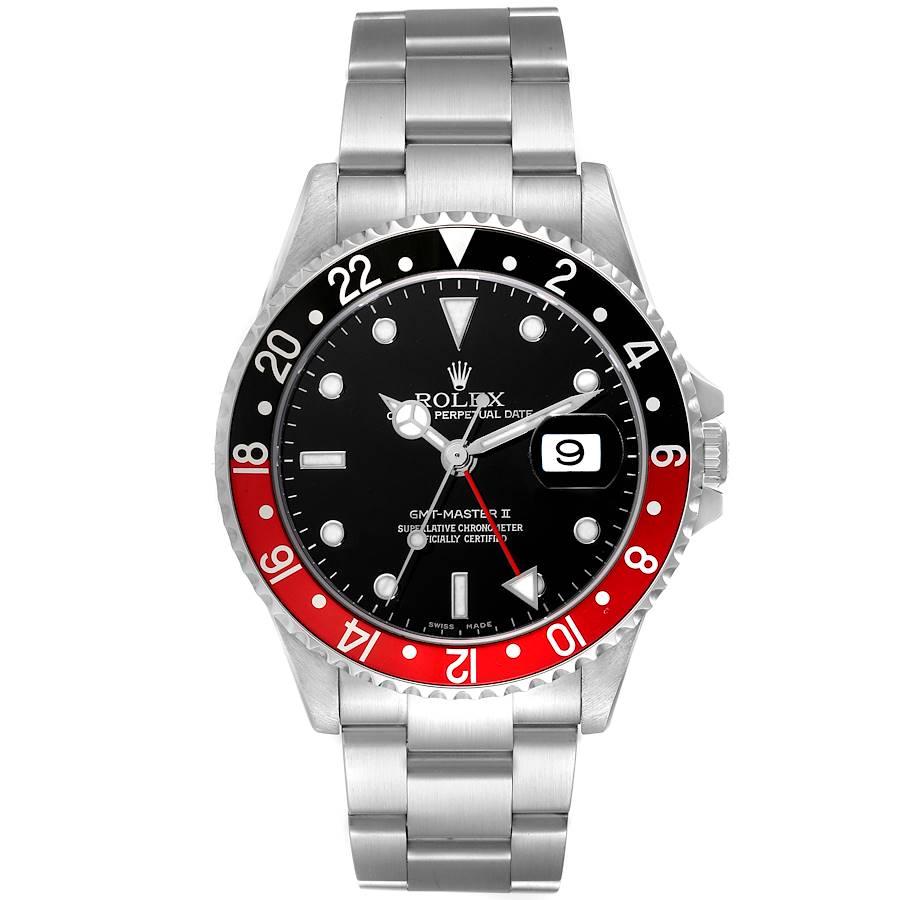 Rolex GMT Master II Black Red Coke Bezel Steel Mens Watch 16710 Box Papers. Officially certified chronometer automatic self-winding movement. Stainless steel case 40 mm in diameter. Rolex logo on the crown. Stainless steel bi-directional rotating
