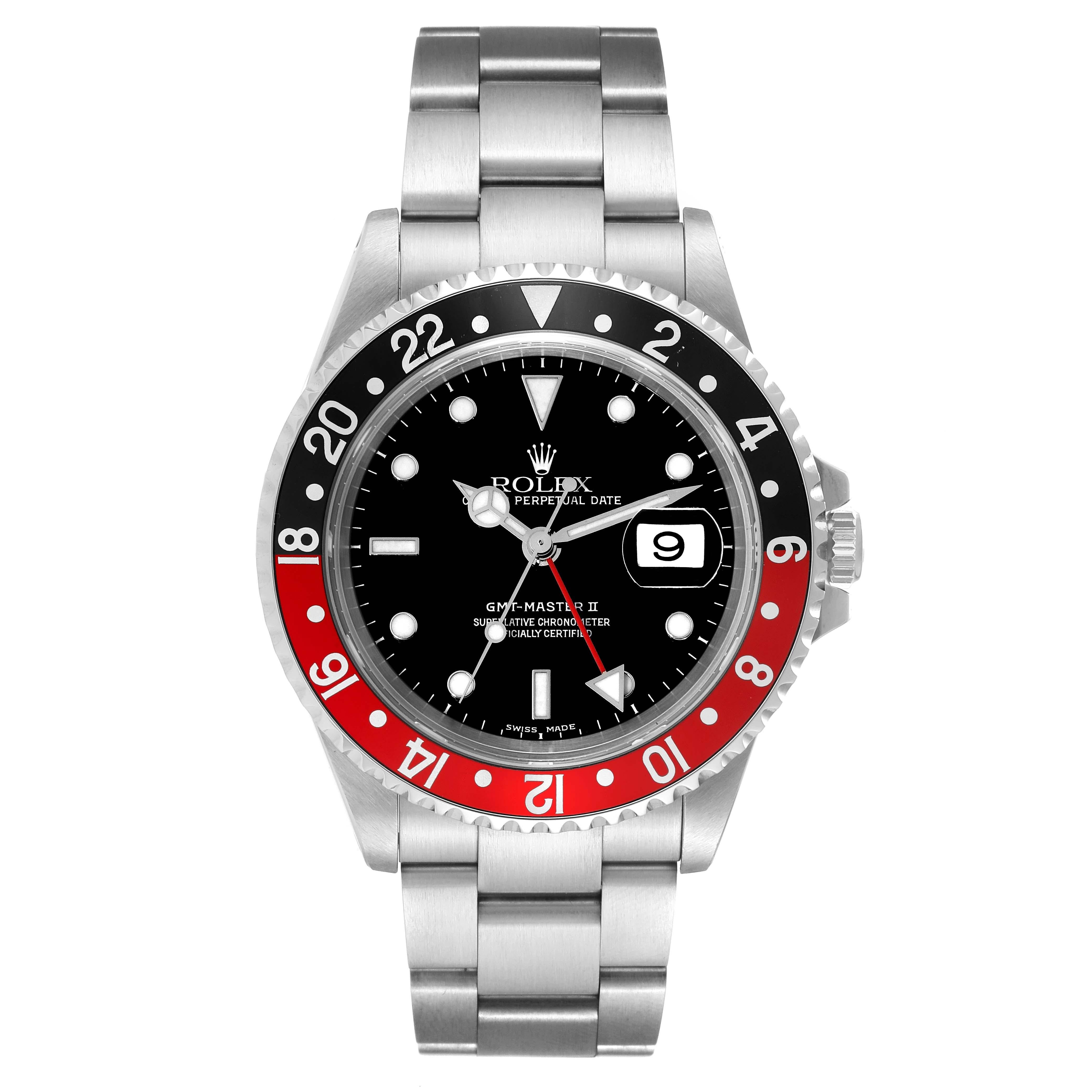 Rolex GMT Master II Black Red Coke Bezel Steel Mens Watch 16710 Box Papers. Officially certified chronometer automatic self-winding movement. Stainless steel case 40 mm in diameter. Rolex logo on the crown. Stainless steel bi-directional rotating