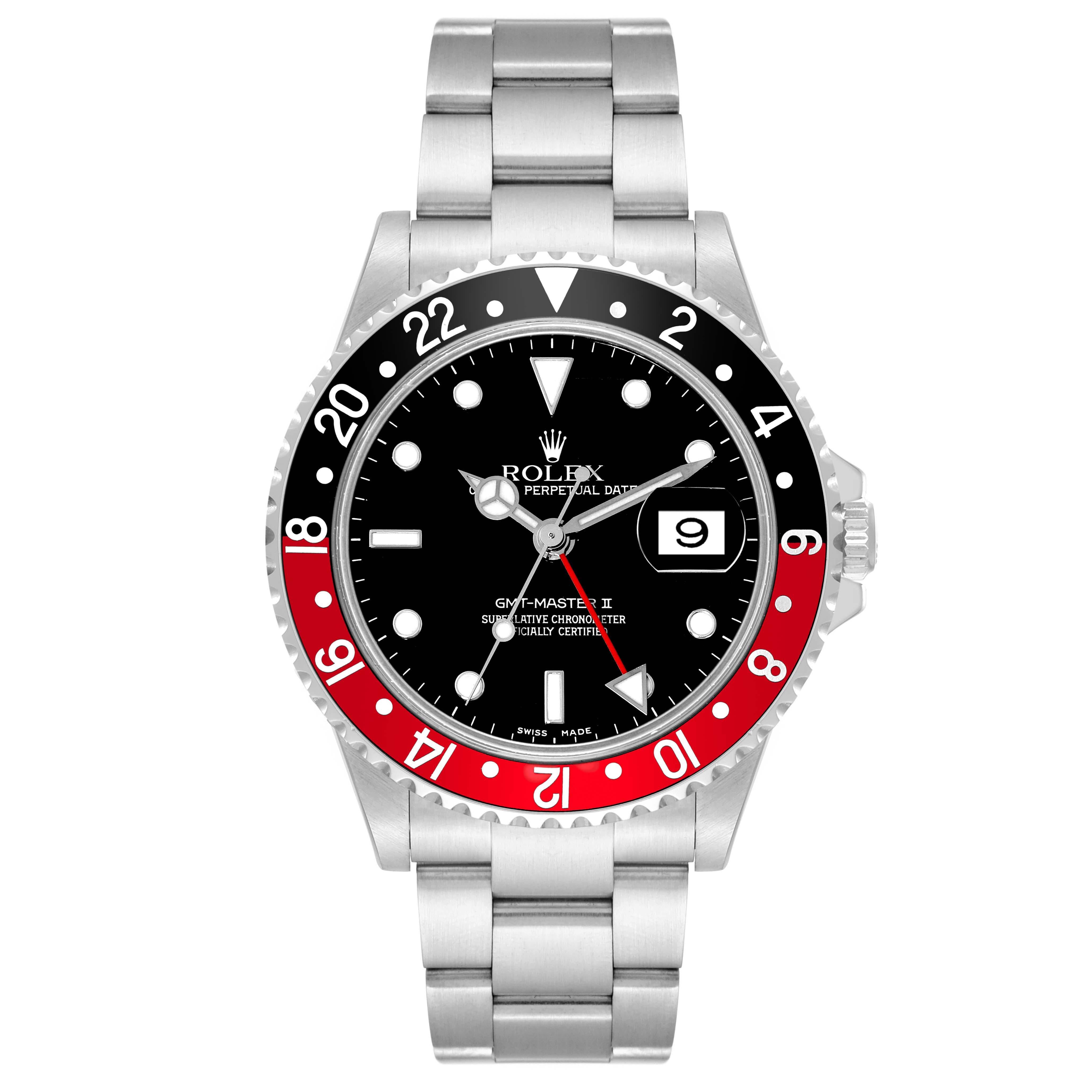 Rolex GMT Master II Black Red Coke Bezel Steel Mens Watch 16710 Box Papers. Officially certified chronometer automatic self-winding movement. Stainless steel case 40 mm in diameter. Rolex logo on the crown. Stainless steel bi-directional rotating