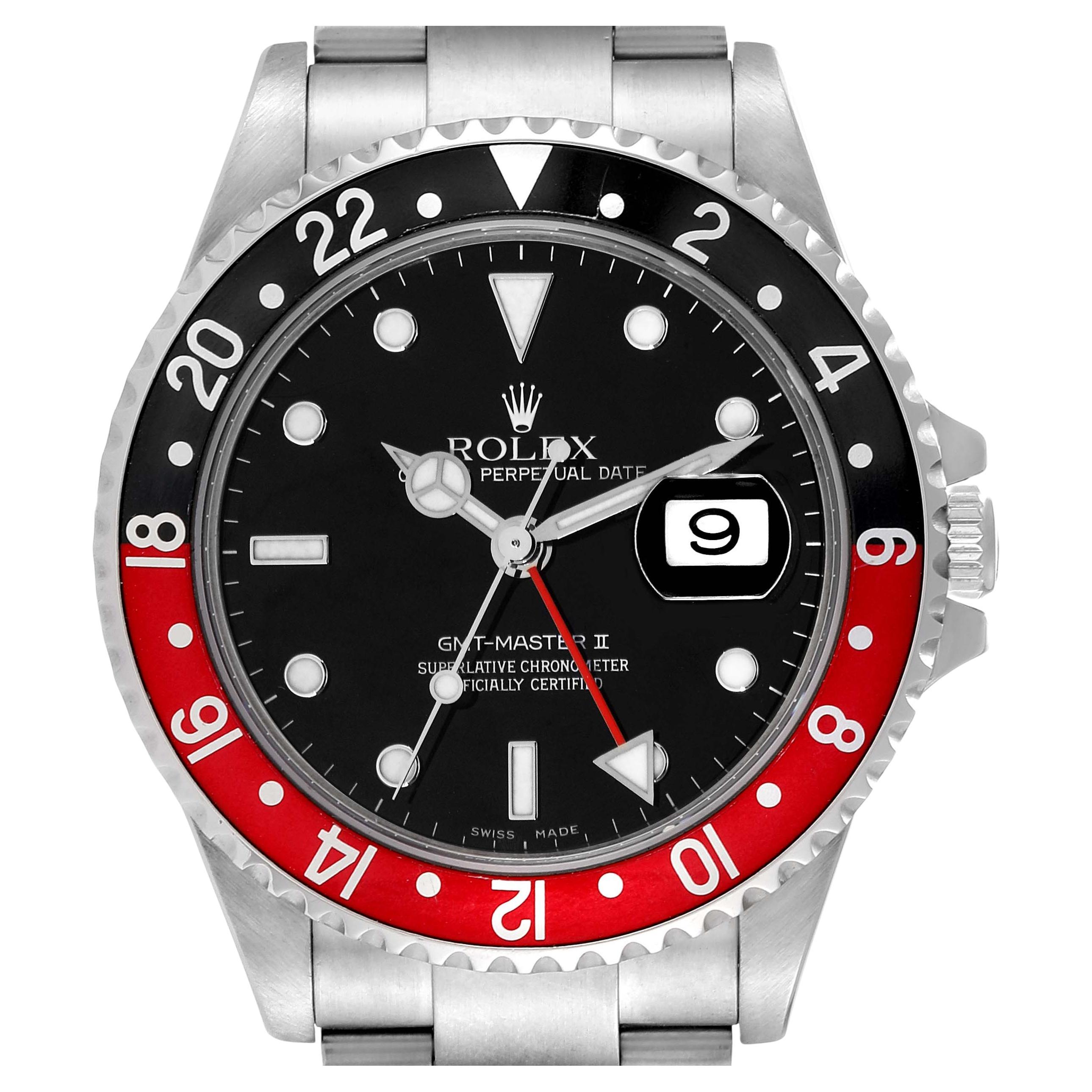 Rolex GMT Master II Black Red Coke Bezel Steel Mens Watch 16710 Box Papers  sur 1stDibs