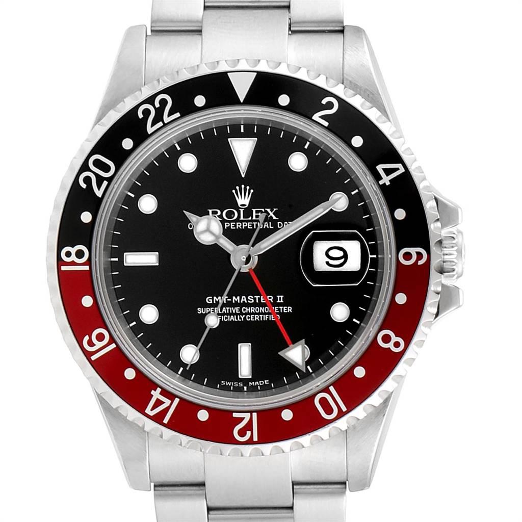 Rolex GMT Master II Black Red Coke Bezel Steel Mens Watch 16710. Officially certified chronometer self-winding movement. Stainless steel case 40 mm in diameter. Rolex logo on a crown. Bidirectional rotating bezel with a special 24-hour black and red