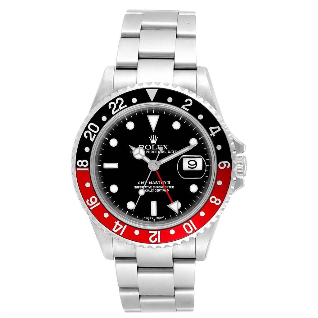 Rolex GMT Master II Black Red Coke Bezel Steel Mens Watch 16710. Officially certified chronometer self-winding movement. Stainless steel case 40 mm in diameter. Rolex logo on a crown. Bidirectional rotating bezel with a special 24-hour black and red