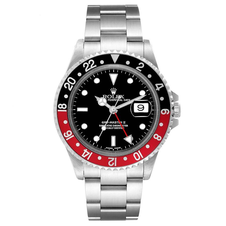 Rolex GMT Master II Schwarz Rot Koks Lünette Stahl Herrenuhr 16710. Offiziell zertifiziertes Chronometerwerk mit automatischem Aufzug. Gehäuse aus Edelstahl mit einem Durchmesser von 40 mm. Rolex Logo auf der Krone. Bidirektional drehbare Lünette