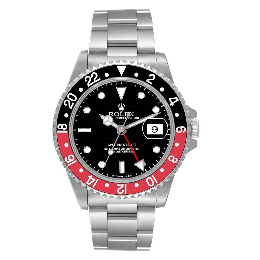 Rolex GMT Master II Black Red Coke Bezel Steel Watch 16710. Officially certified chronometer automatic self-winding movement. Stainless steel case 40 mm in diameter. Rolex logo on the crown. Stainless steel bi-directional rotating bezel with a
