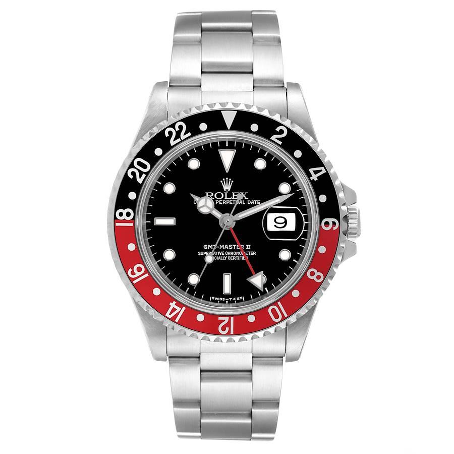 Rolex GMT Master II Black Red Coke Bezel Steel Watch 16710. Officially certified chronometer automatic self-winding movement. Stainless steel case 40 mm in diameter. Rolex logo on the crown. Stainless steel bi-directional rotating bezel with a