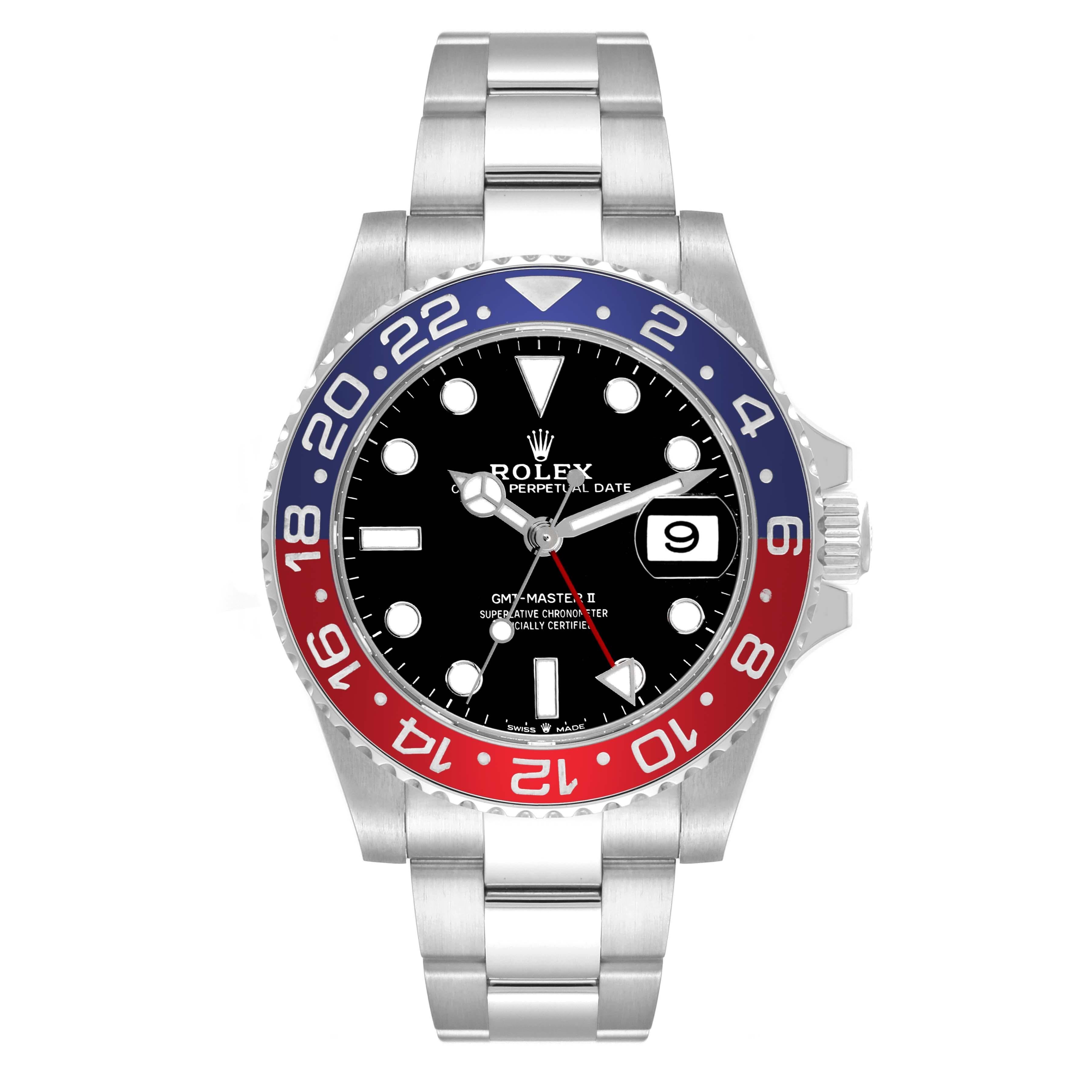 Rolex GMT Master II Blue Red Pepsi Bezel Steel Mens Watch 126710 Box Card In Excellent Condition For Sale In Atlanta, GA