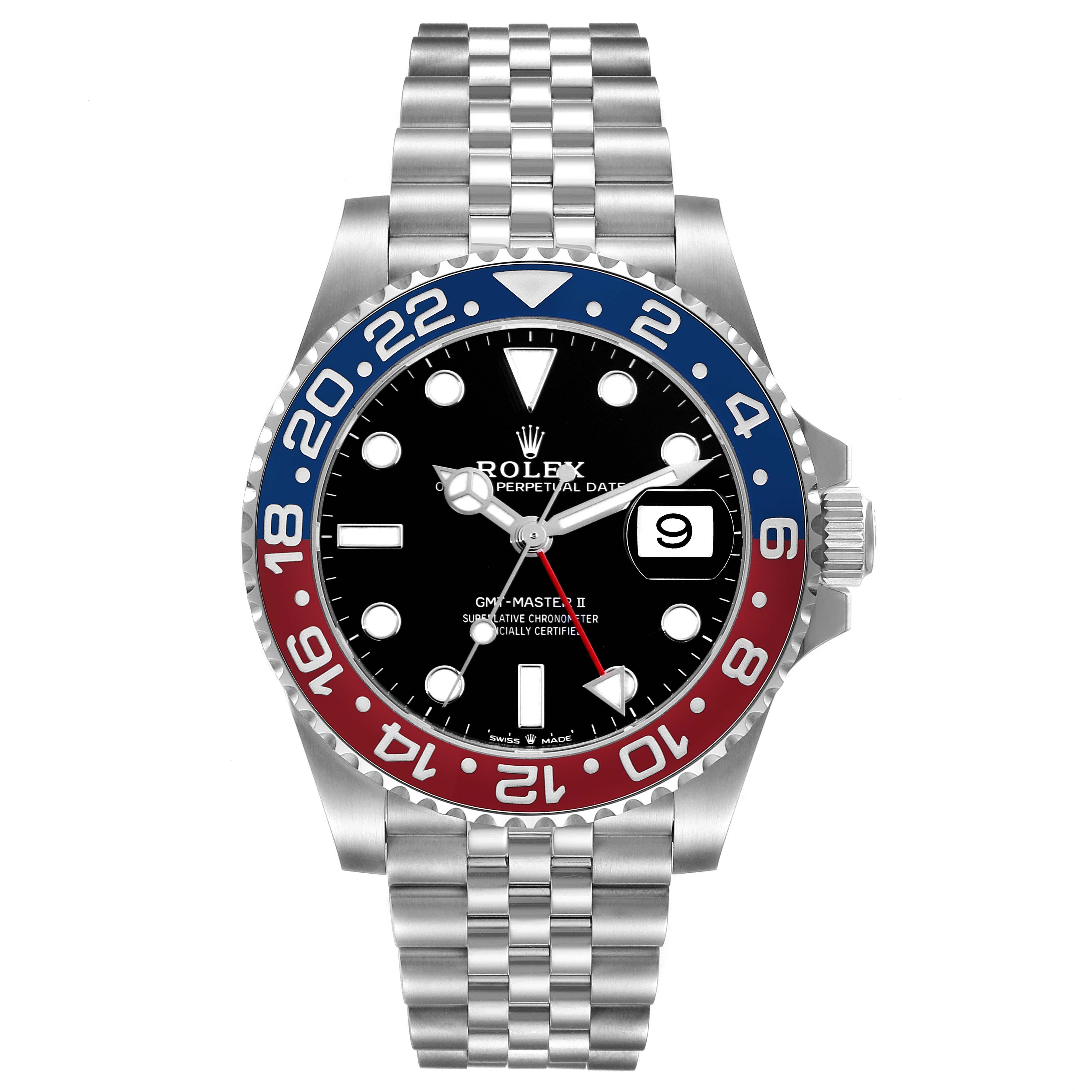 De los hombres Rolex GMT Master II Azul Rojo Pepsi Bisel Acero Reloj Hombre 126710 Caja Tarjeta