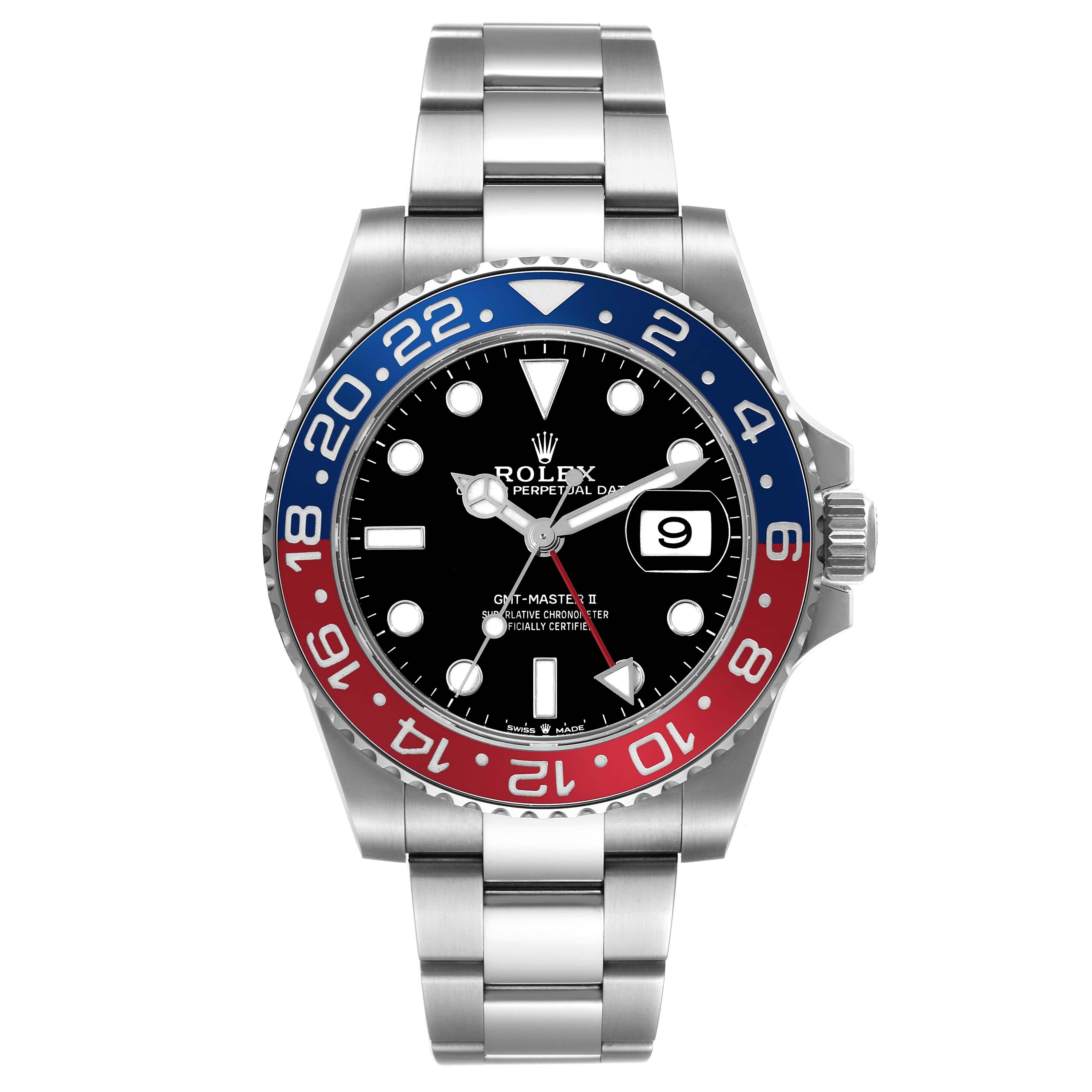 Rolex GMT Master II Blue Red Pepsi Bezel Steel Mens Watch 126710. Officially certified chronometer automatic self-winding movement. Stainless steel case 40 mm in diameter. Rolex logo on the crown. Stainless steel bidirectional rotating bezel with