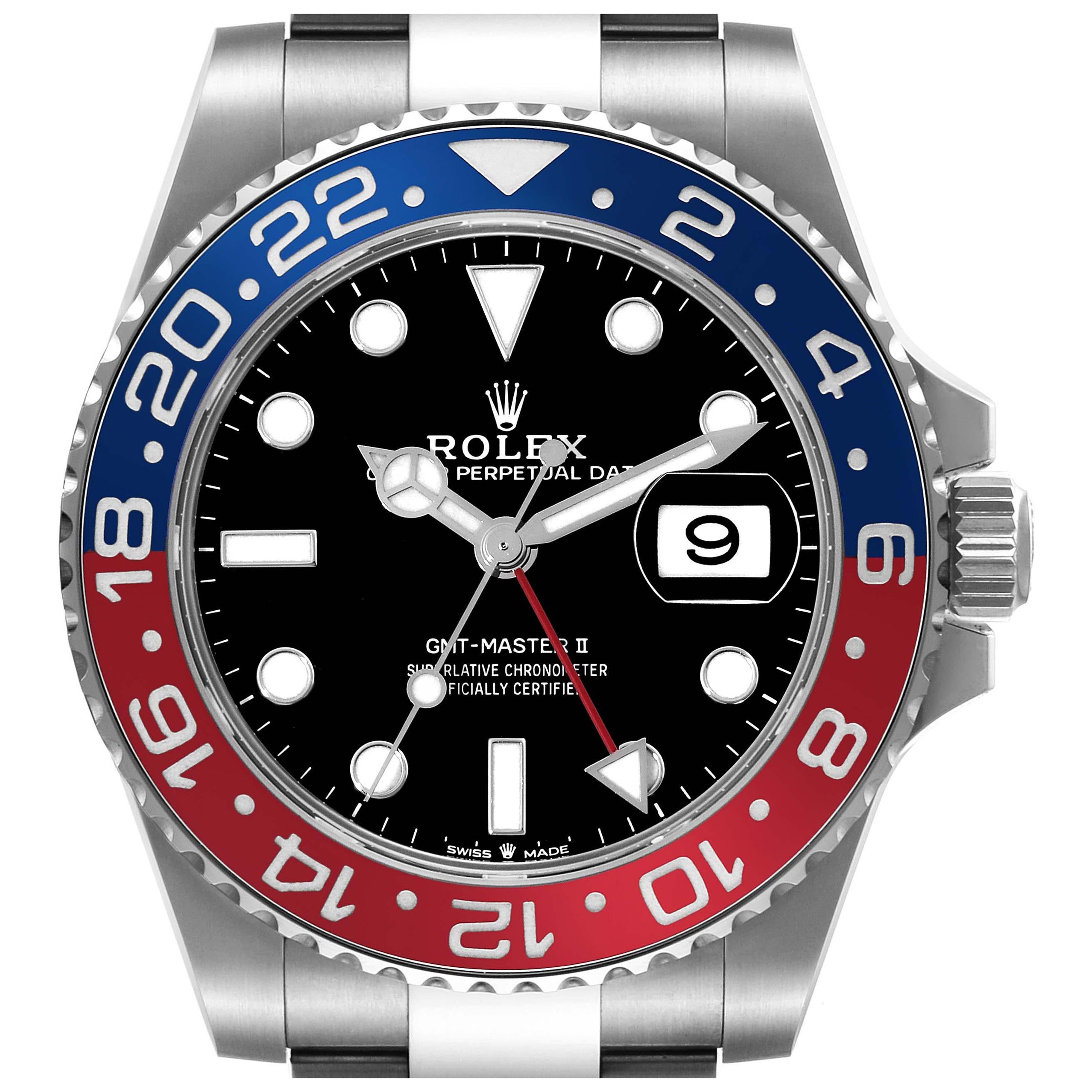 Rolex GMT Master II Blau Rot Pepsi Lünette Stahl Herrenuhr 126710 im Angebot